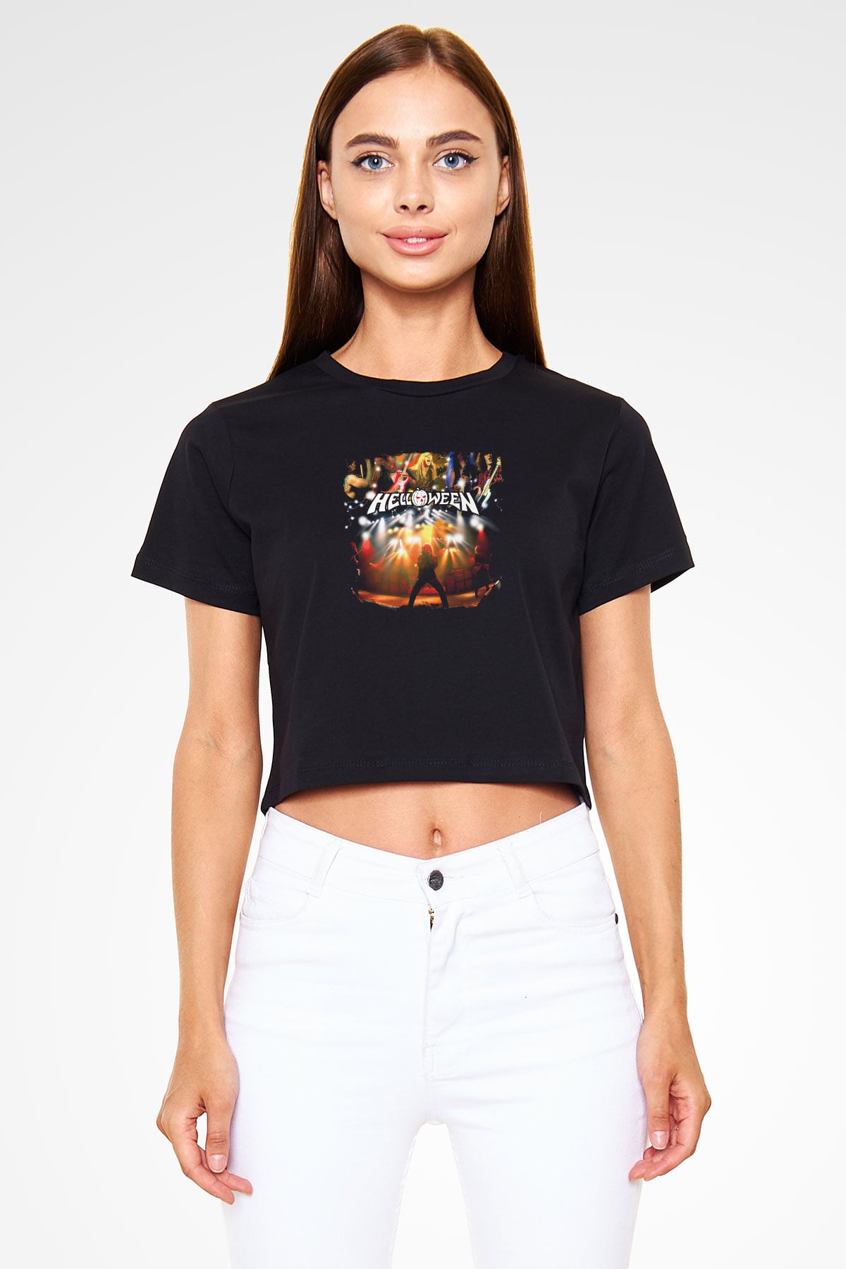 Helloween Baskılı Unisex Siyah Crop Top Tişört