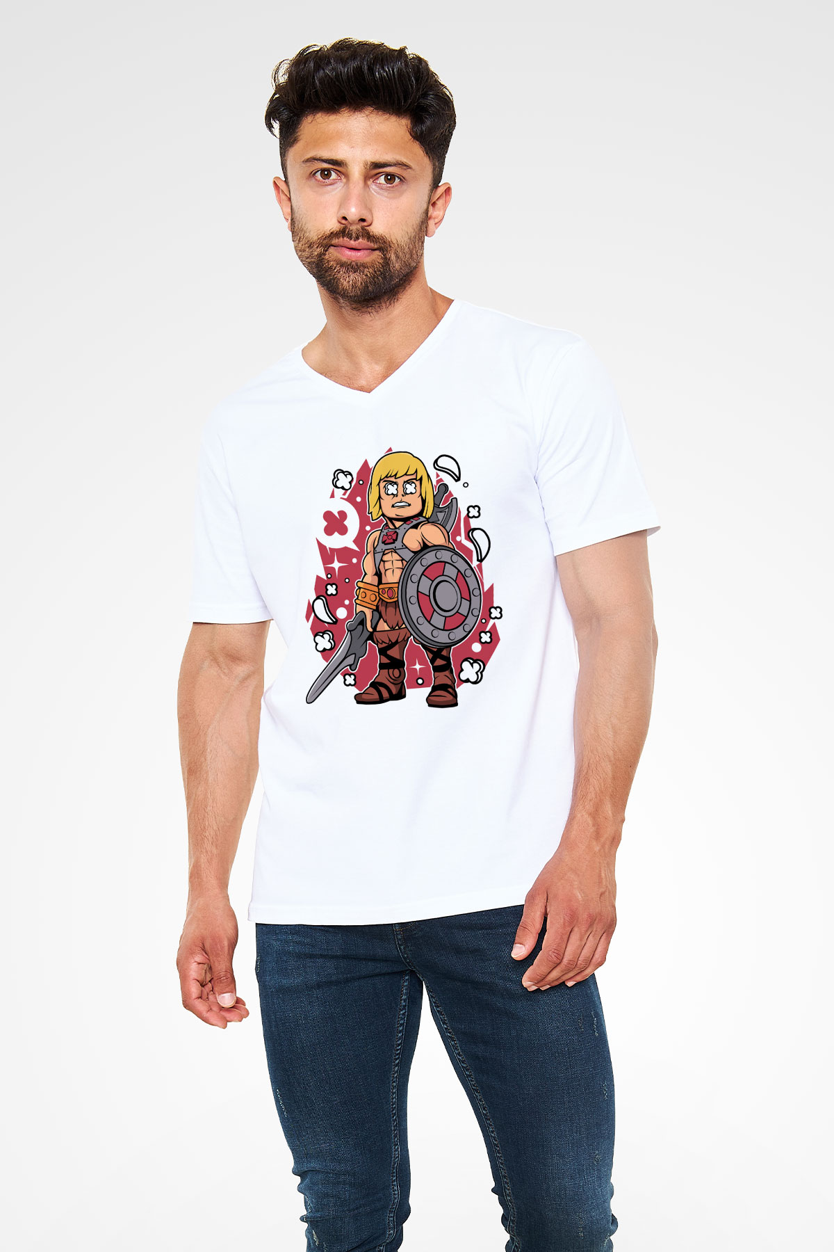 Heman Baskılı Unisex Beyaz V Yaka Tişört