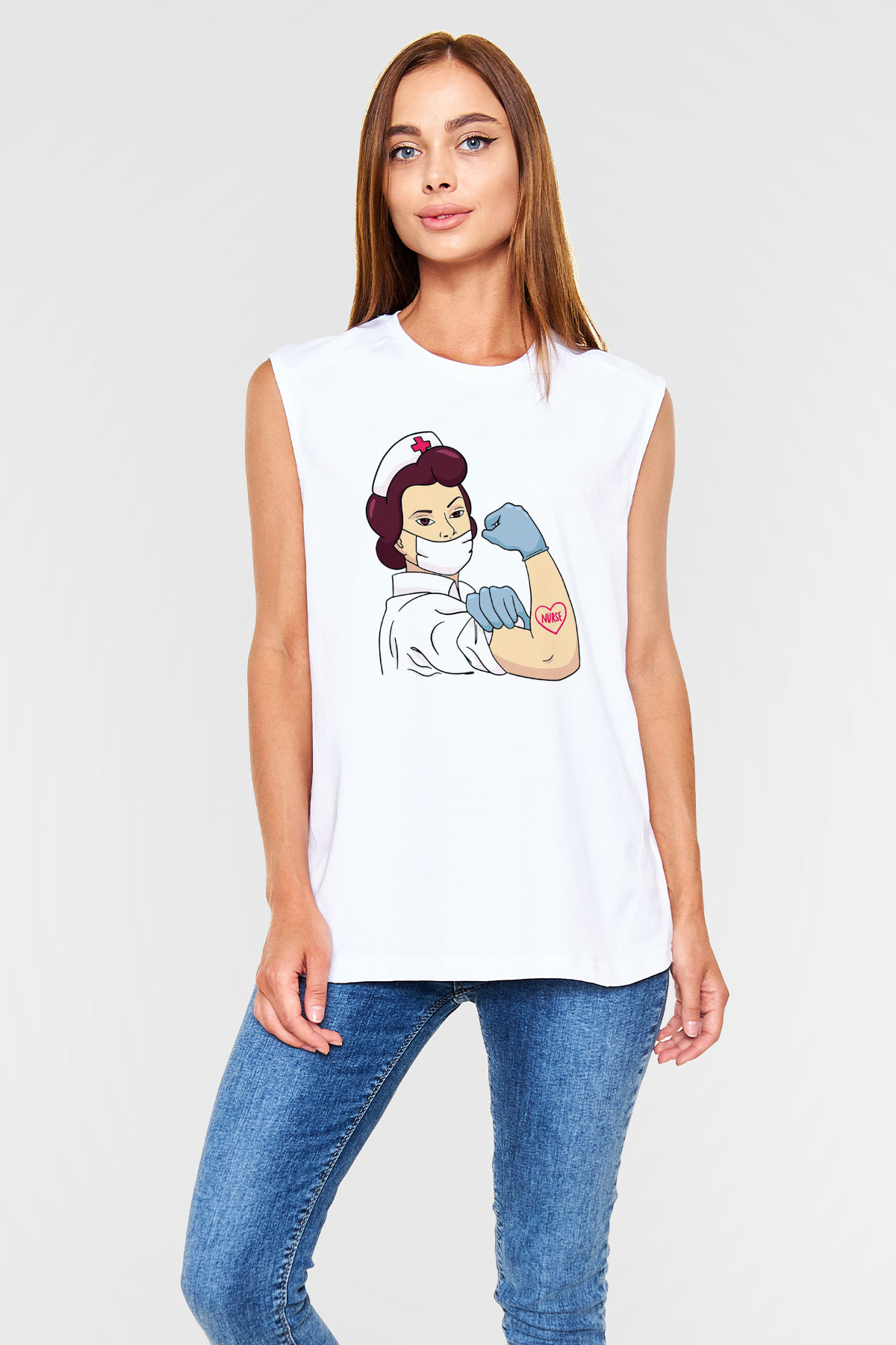 Hemşire Beyaz Unisex Kolsuz Tişört