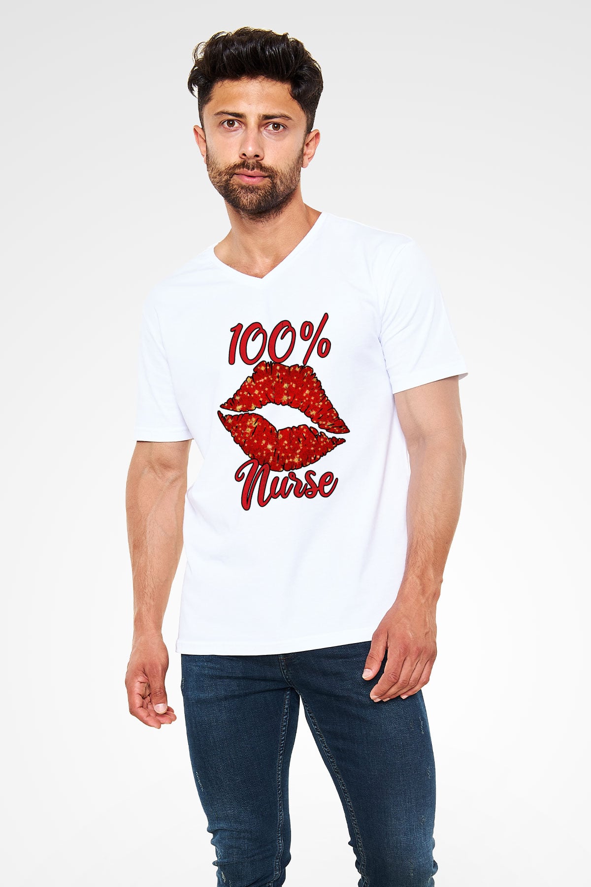 Hemşire Beyaz Unisex V Yaka Tişört