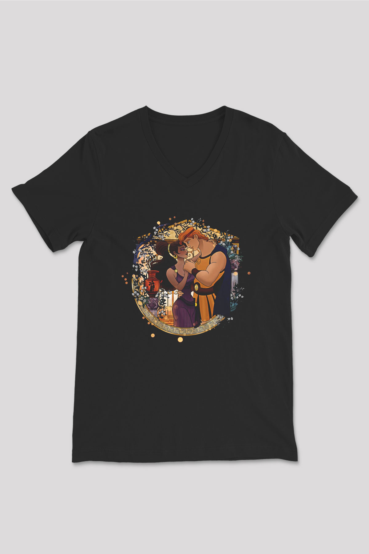 Herkül Baskılı Unisex Siyah V Yaka Tişört - Tshirt