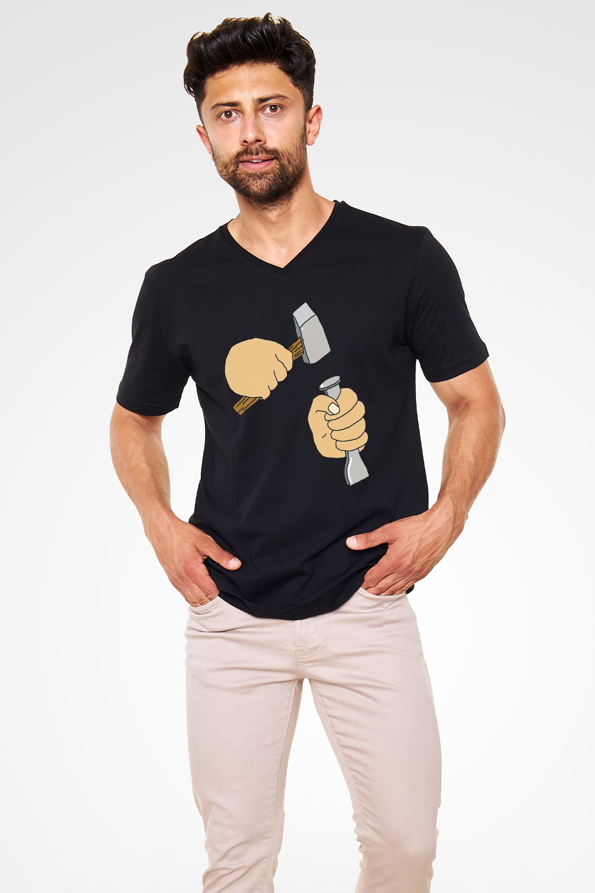 Heykeltıraş Siyah Unisex V Yaka Tişört