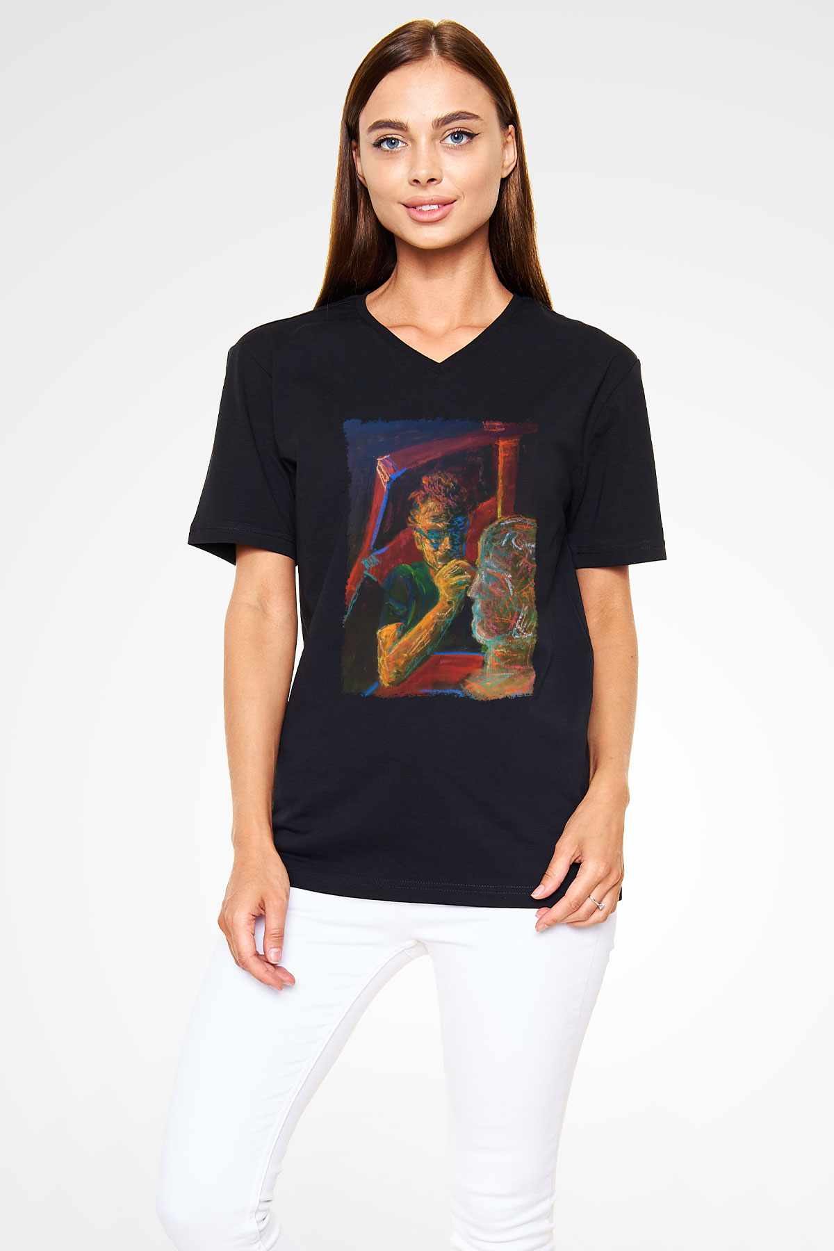 Heykeltıraş Siyah Unisex V Yaka Tişört