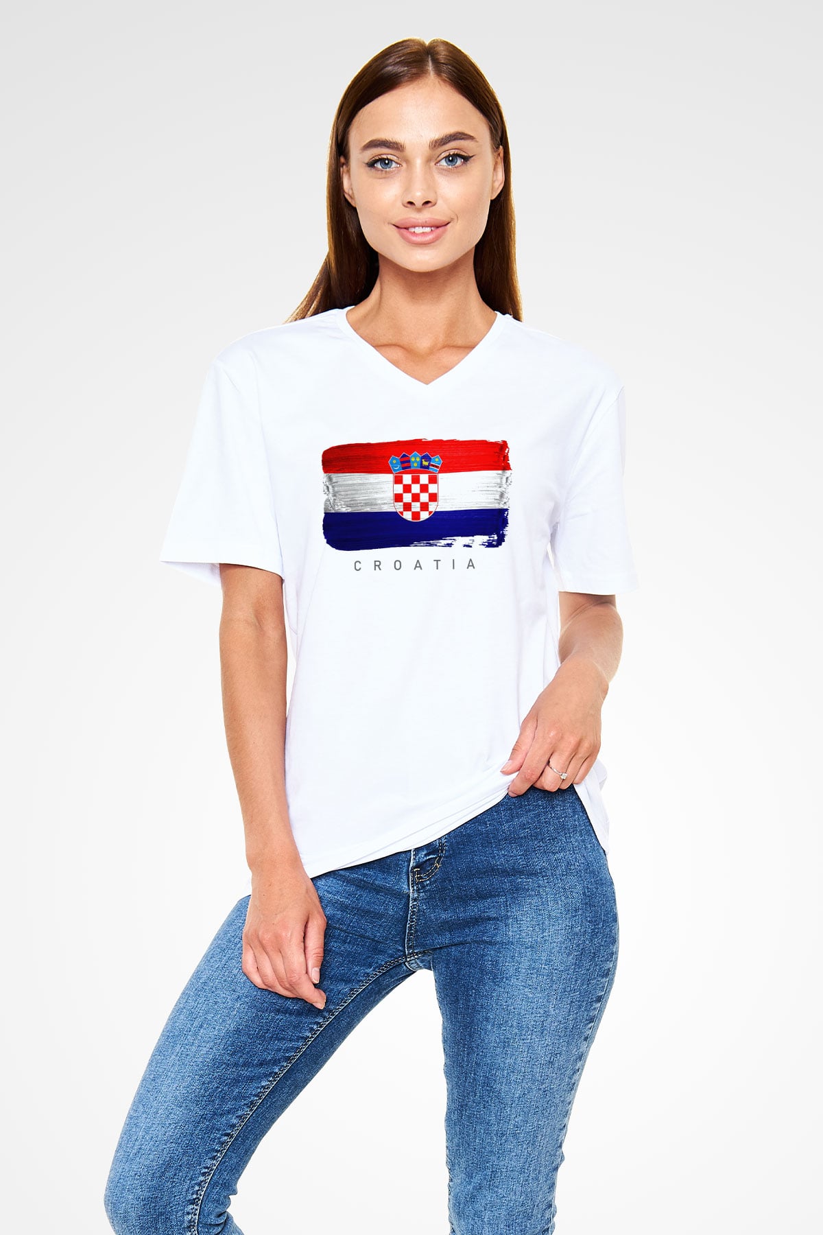 Hırvatistan Beyaz Unisex V Yaka Tişört