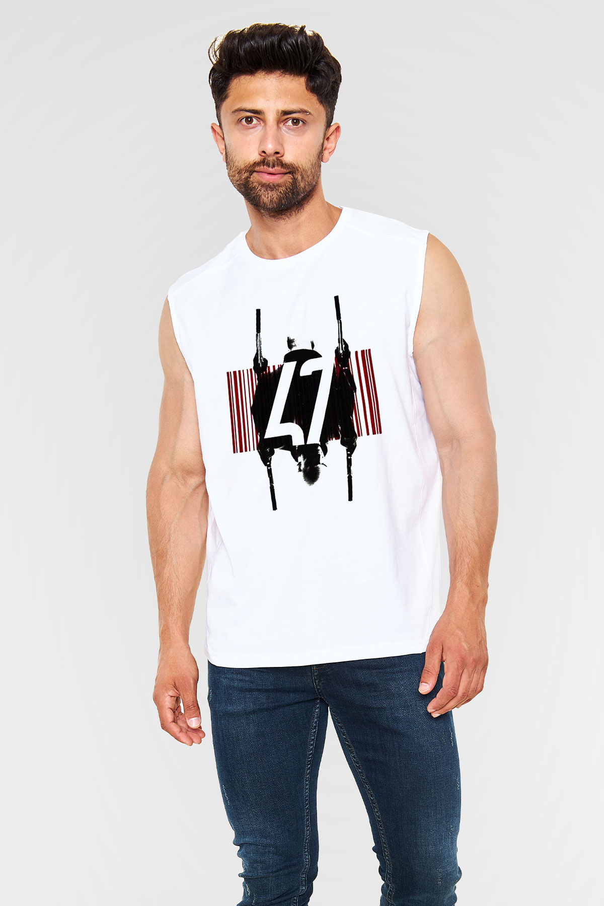 Hitman Beyaz Unisex Kolsuz Tişört