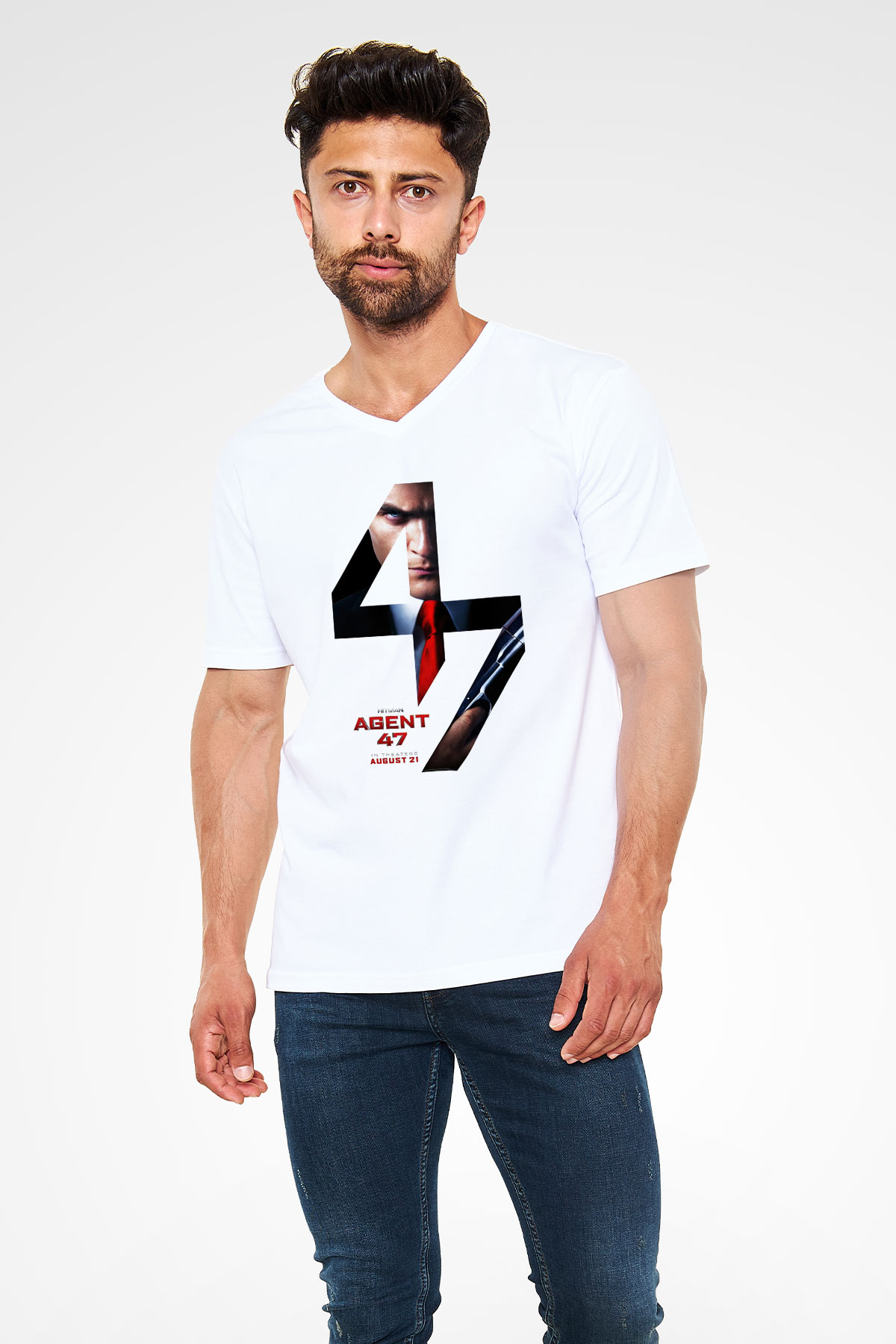 Hitman Beyaz Unisex V Yaka Tişört T-Shirt
