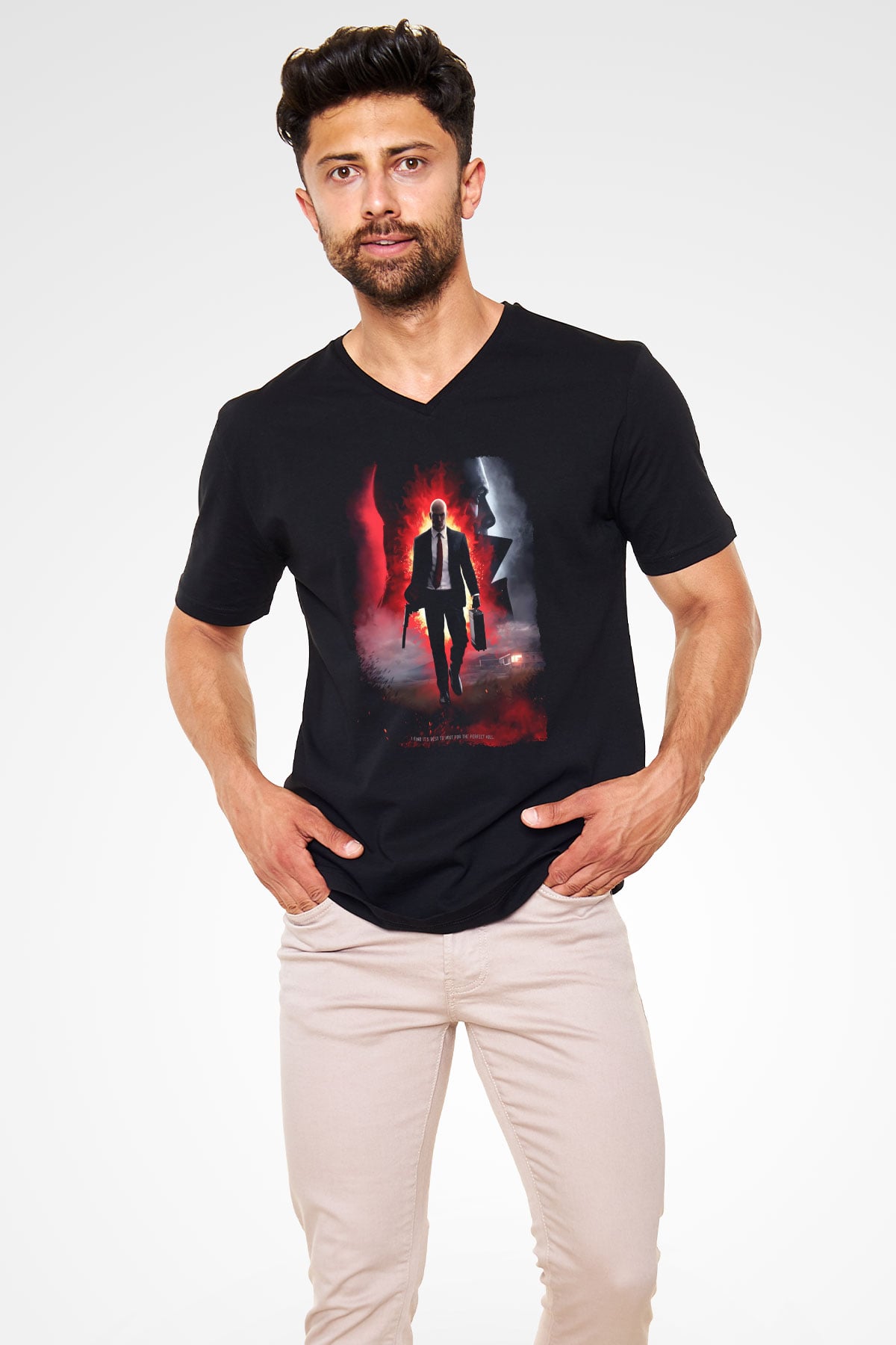 Hitman Siyah Unisex V Yaka Tişört