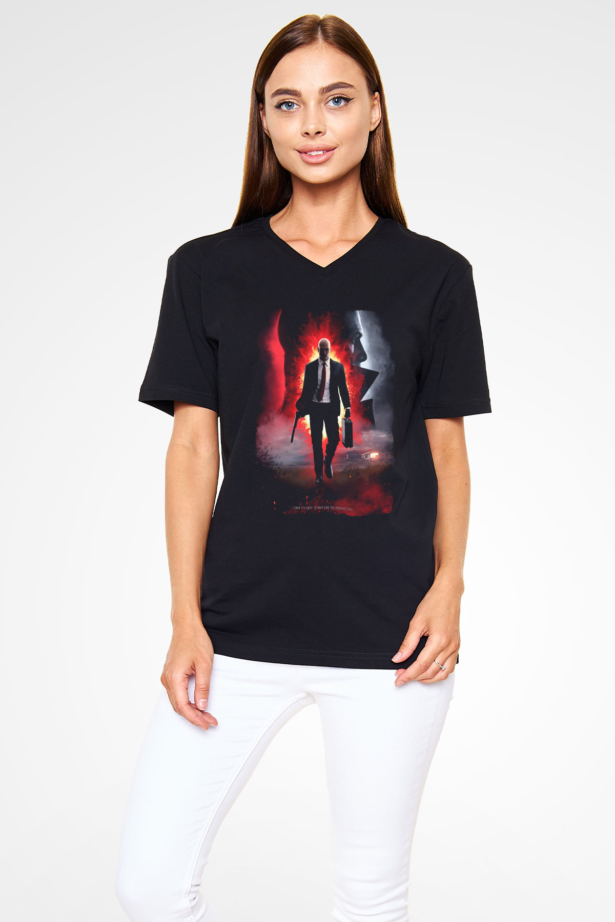 Hitman Siyah Unisex V Yaka Tişört