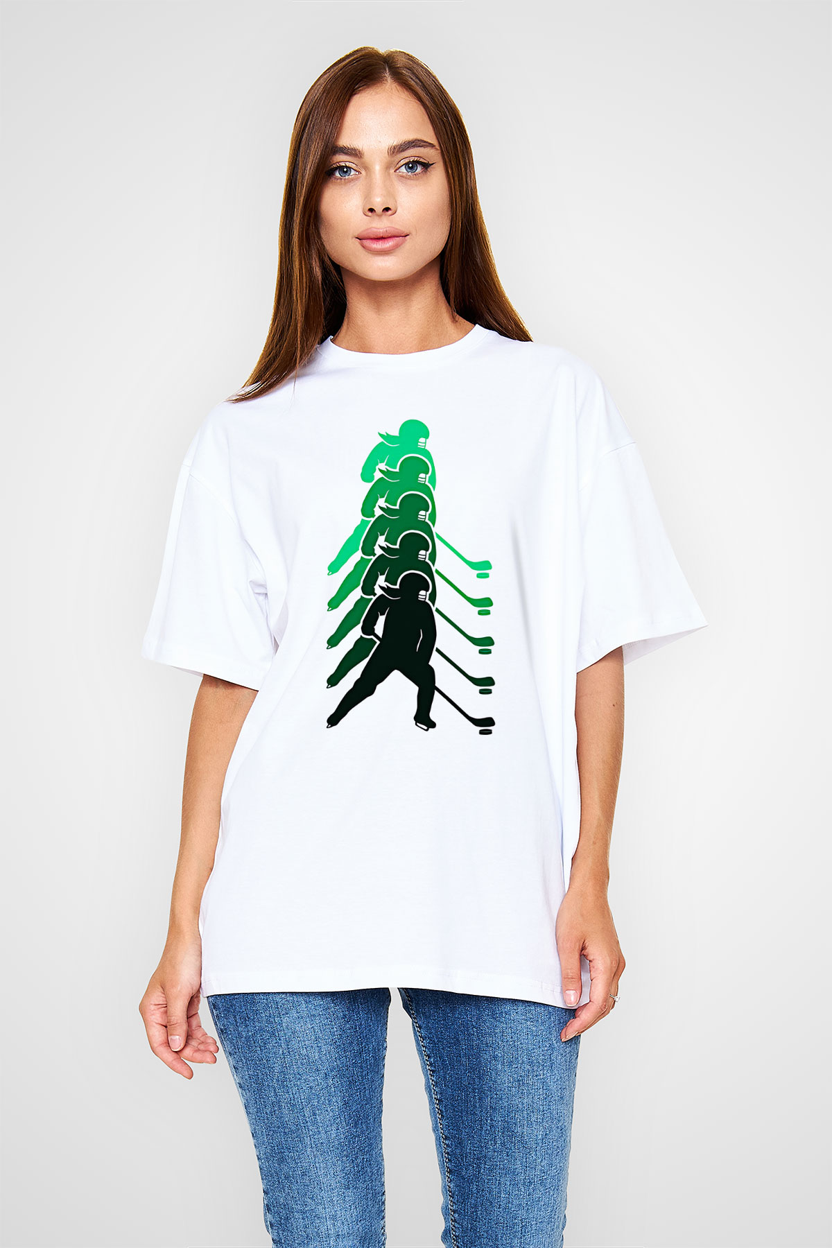 Hokey Baskılı Unisex Beyaz Oversize Tişört - Tshirt