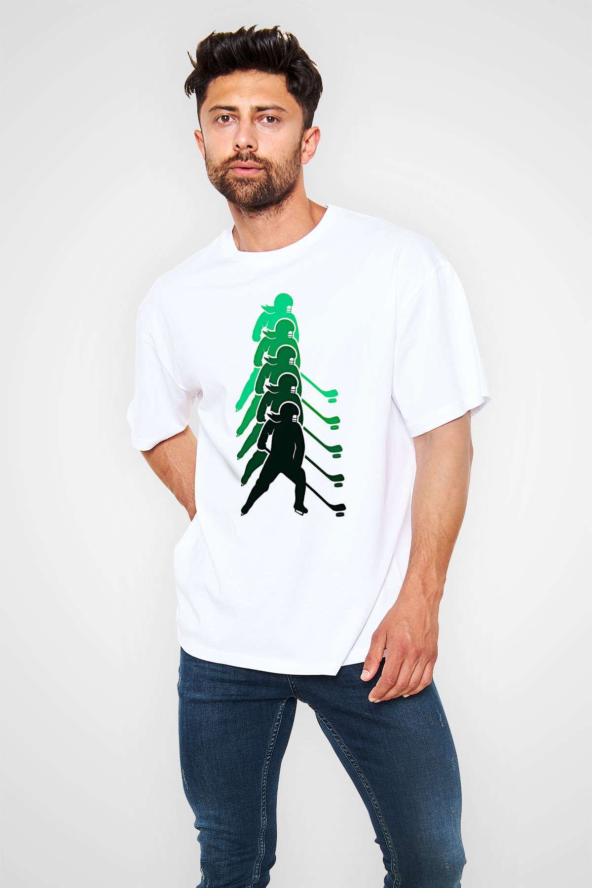 Hokey Baskılı Unisex Beyaz Oversize Tişört - Tshirt