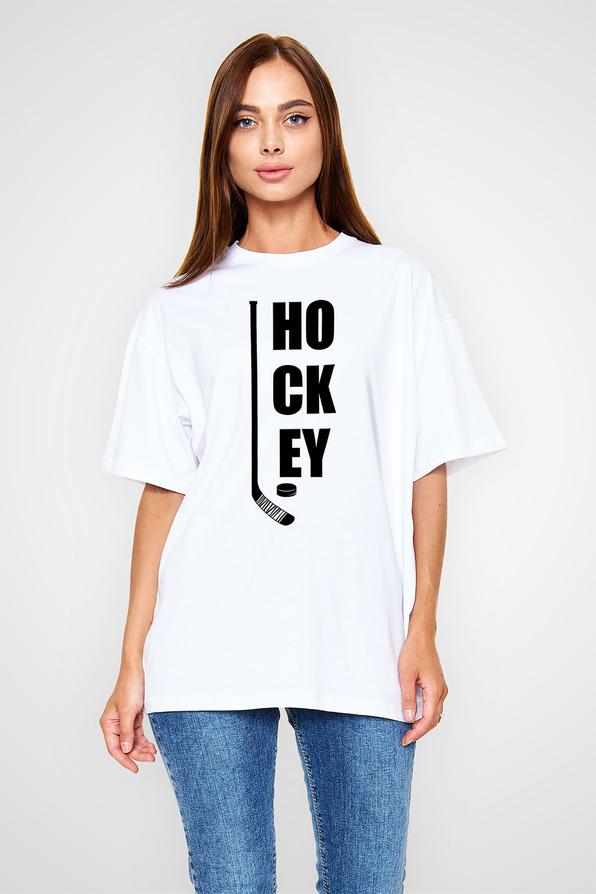 Hokey Baskılı Unisex Beyaz Oversize Tişört - Tshirt