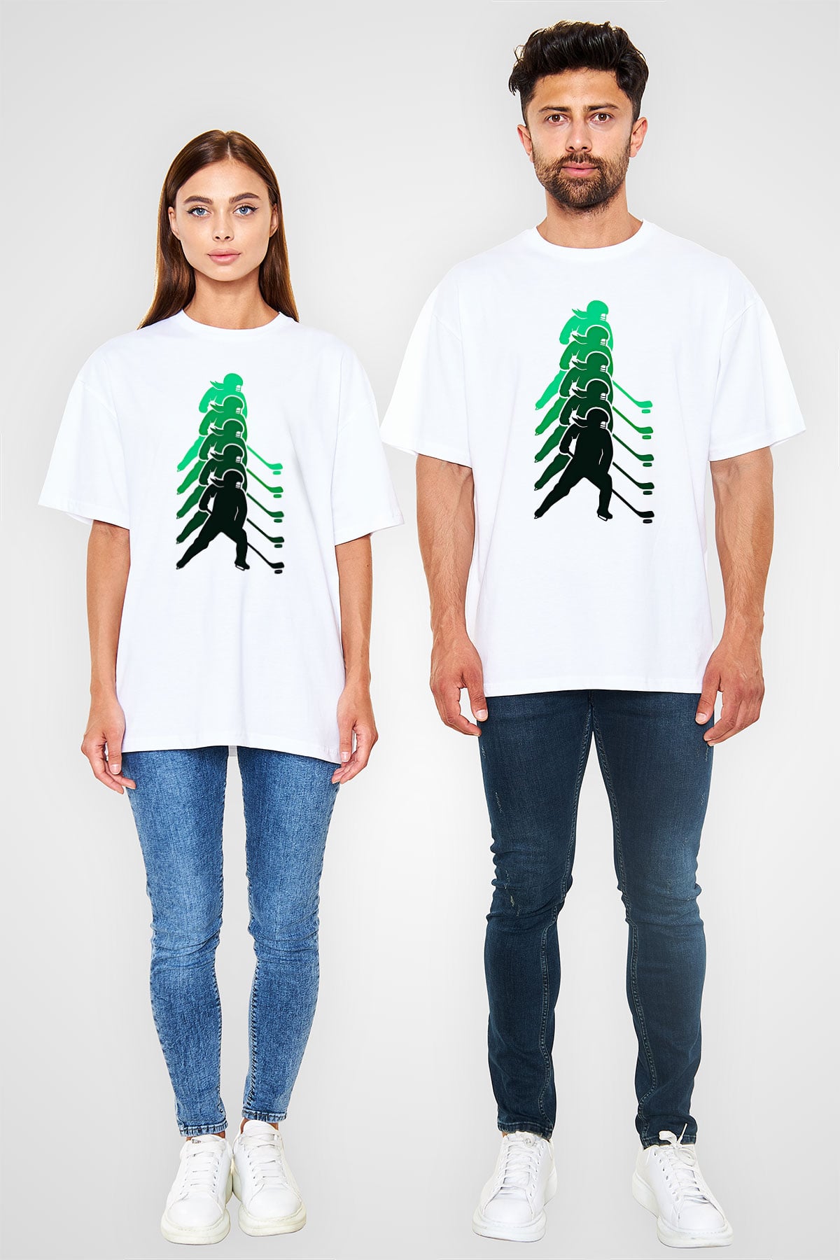 Hokey Baskılı Unisex Beyaz Oversize Tişört - Tshirt