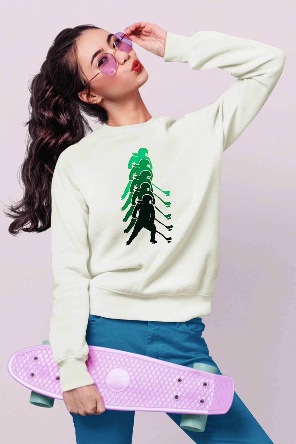 Hokey Baskılı Unisex Ekru Sweatshirt