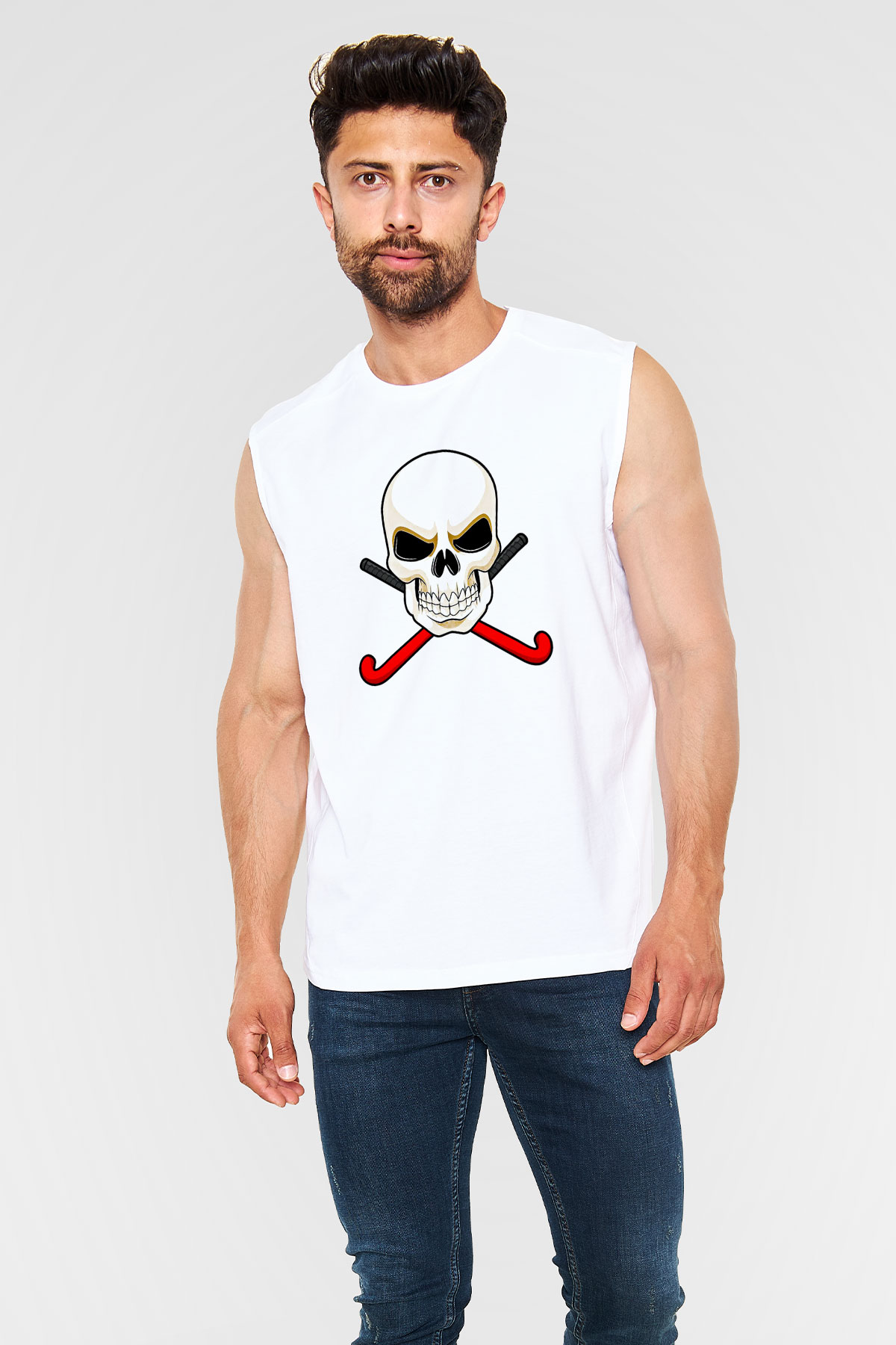 Hokey Baskılı Unisex Kolsuz Beyaz Tişört