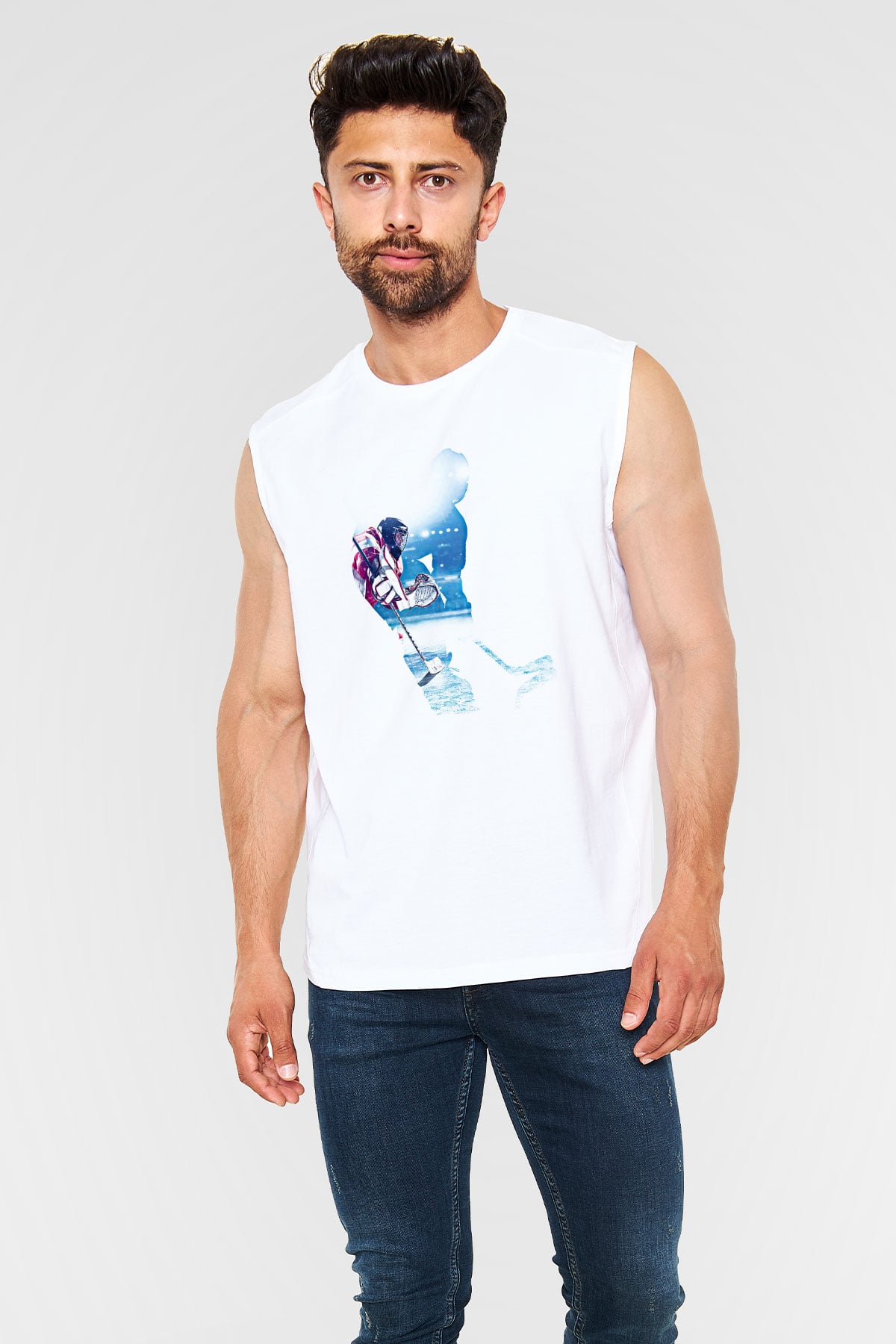 Hokey Baskılı Unisex Kolsuz Beyaz Tişört