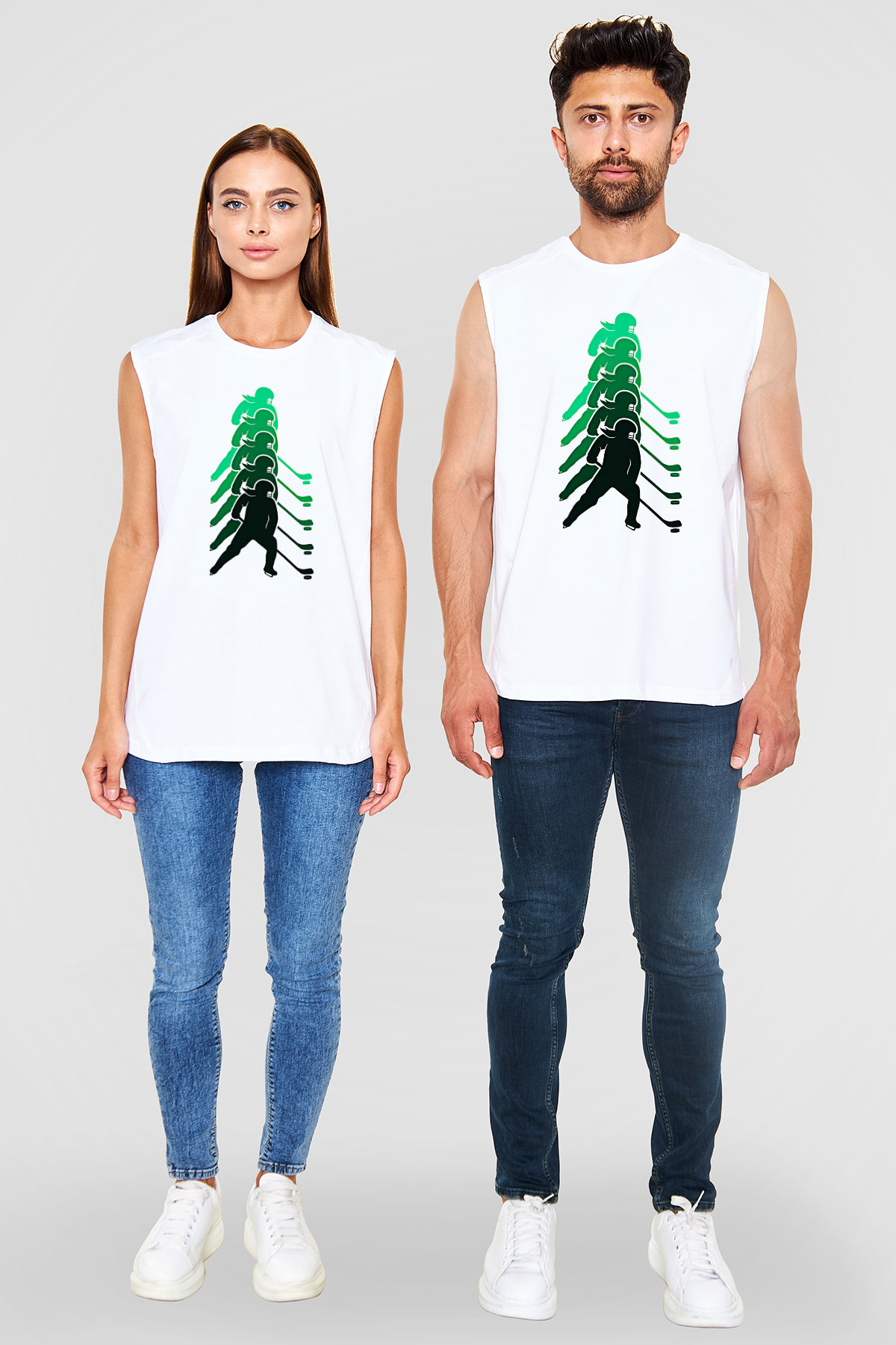 Hokey Baskılı Unisex Kolsuz Beyaz Tişört