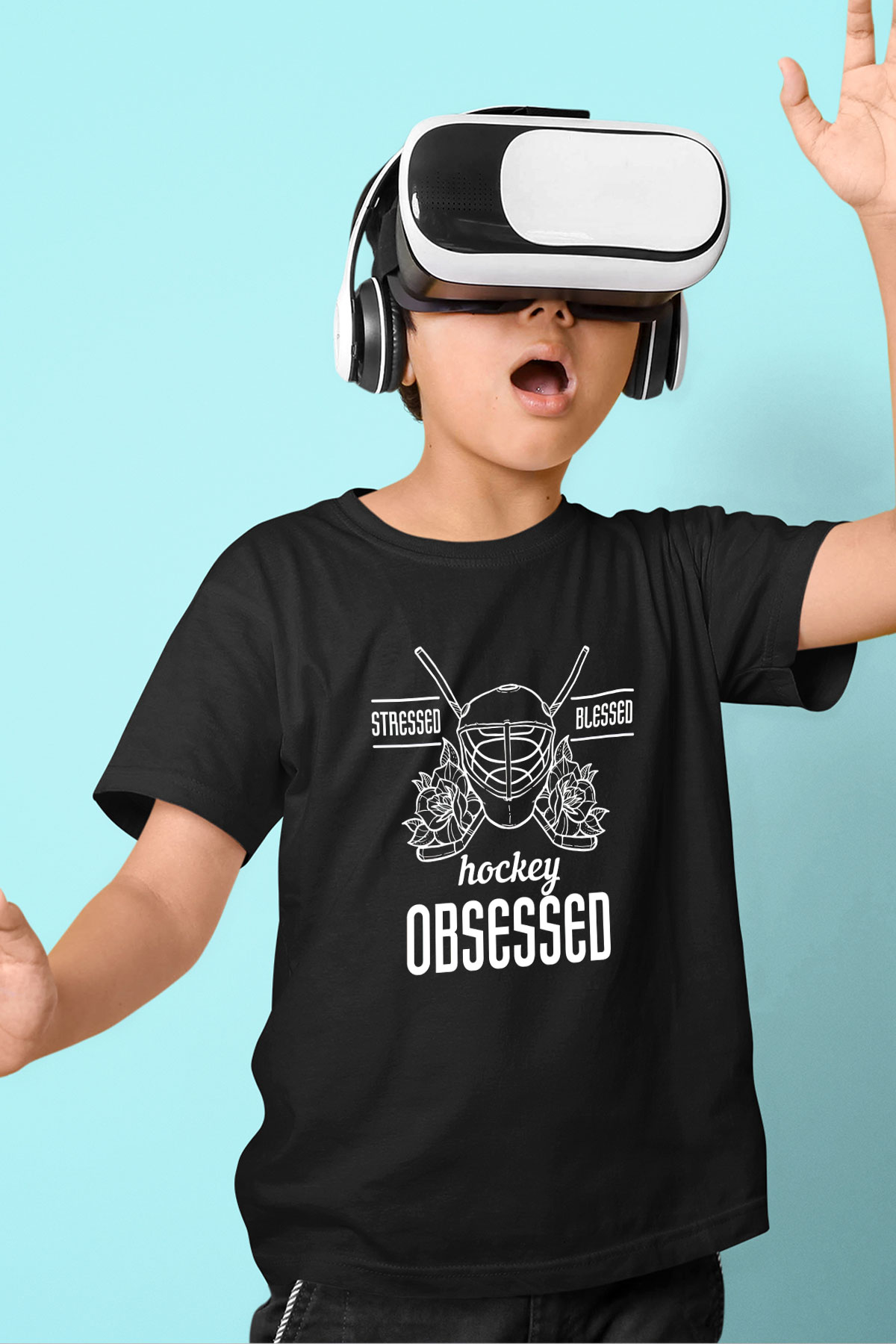 Hokey Baskılı Unisex Siyah Çocuk Tİşörtü - Tshirt