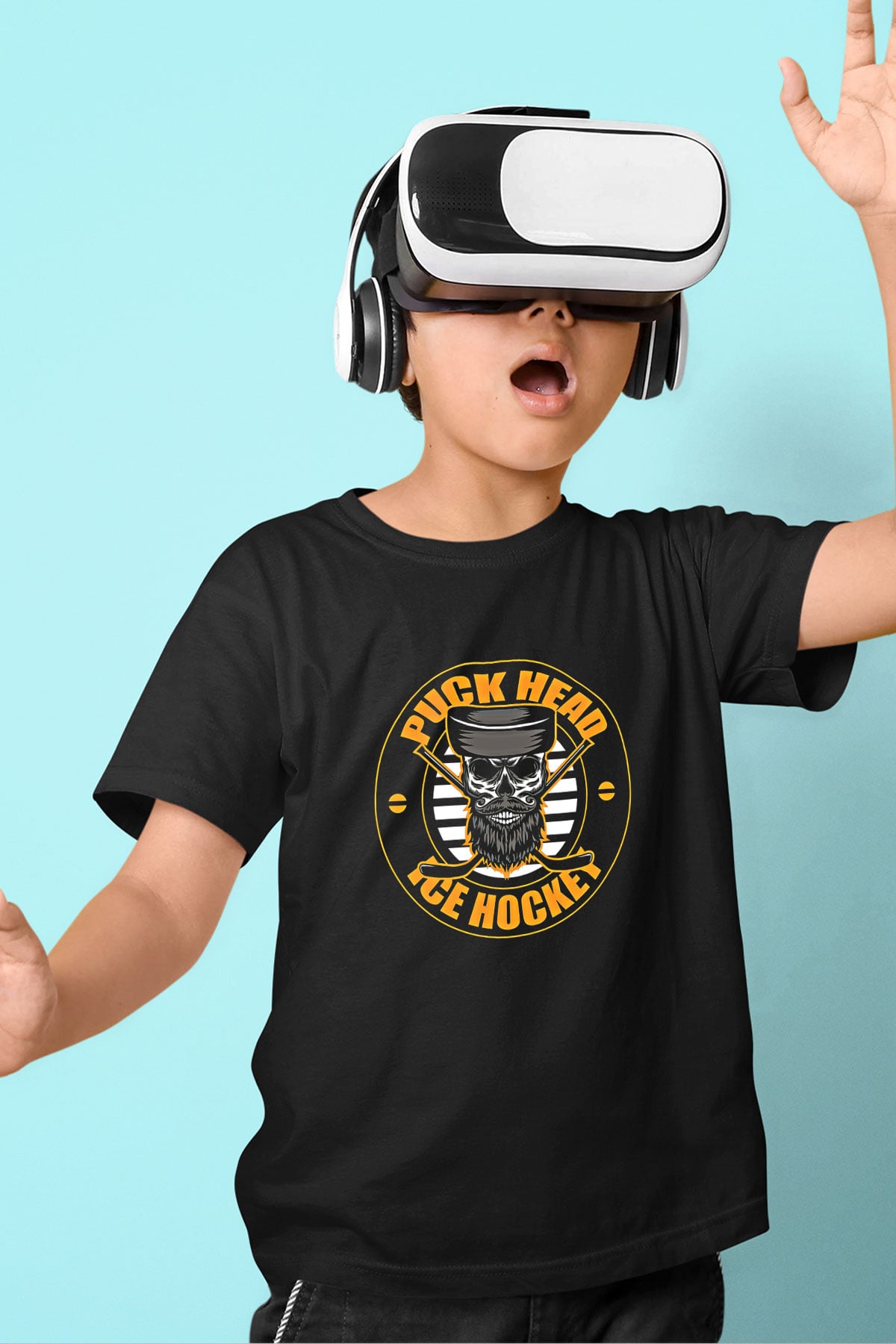 Hokey Baskılı Unisex Siyah Çocuk Tİşörtü - Tshirt