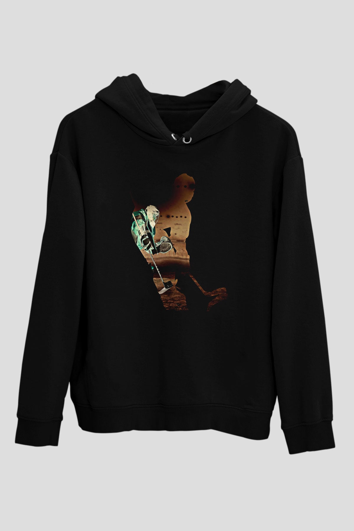 Hokey Baskılı Unisex Siyah Hoodie