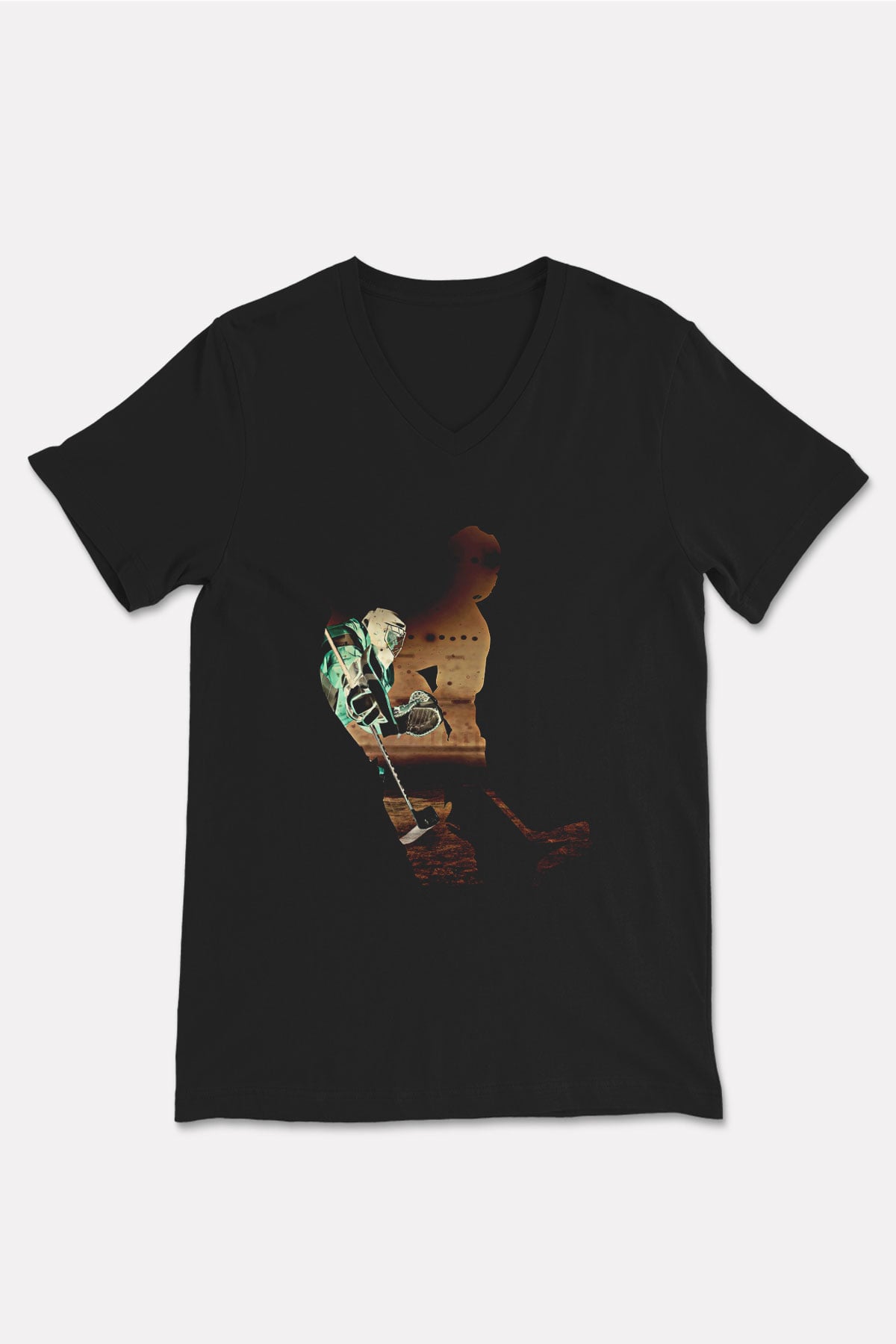 Hokey Baskılı Unisex Siyah V Yaka Tişört