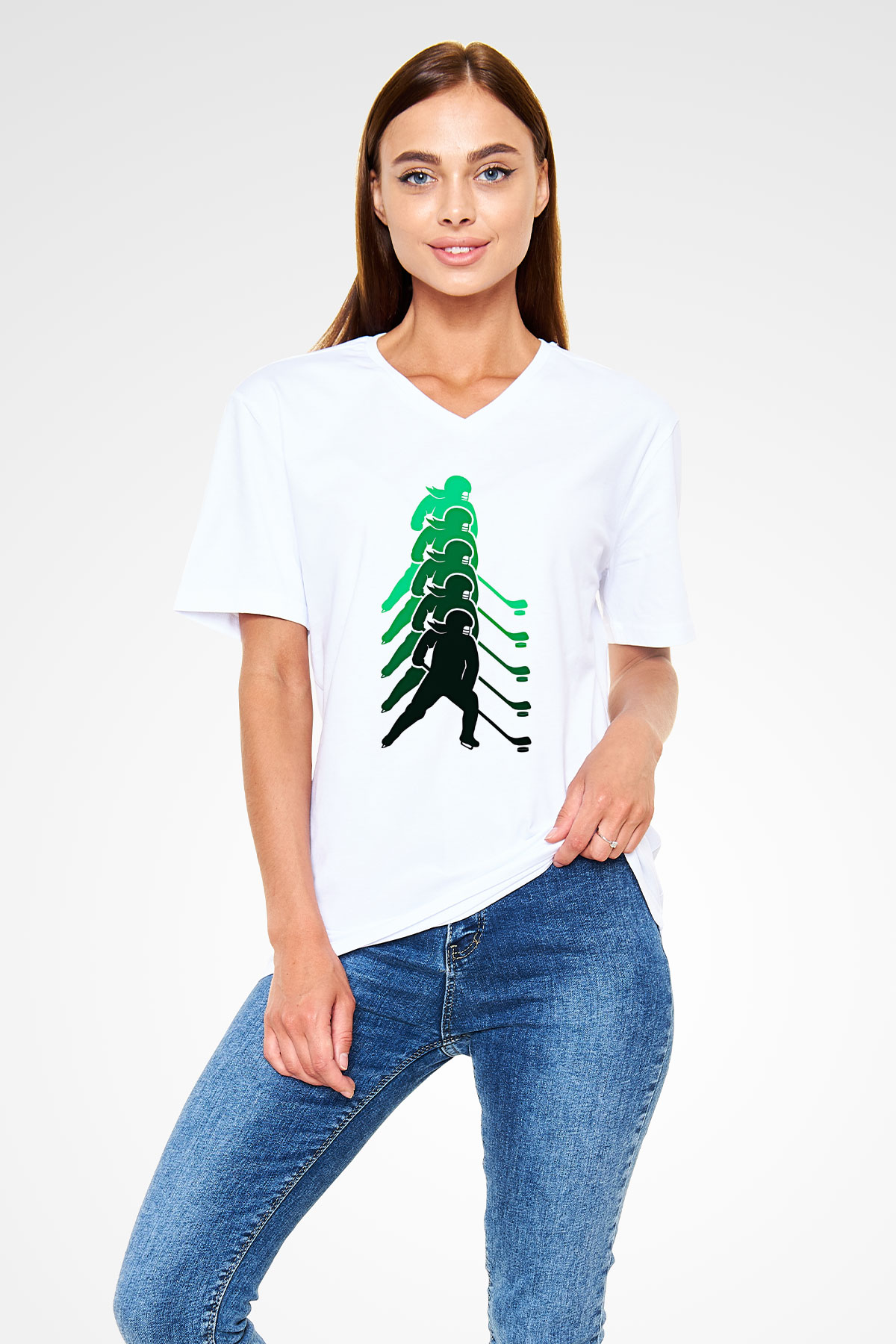 Hokey Baskılı Unisex V Yaka Tişört - Tshirt