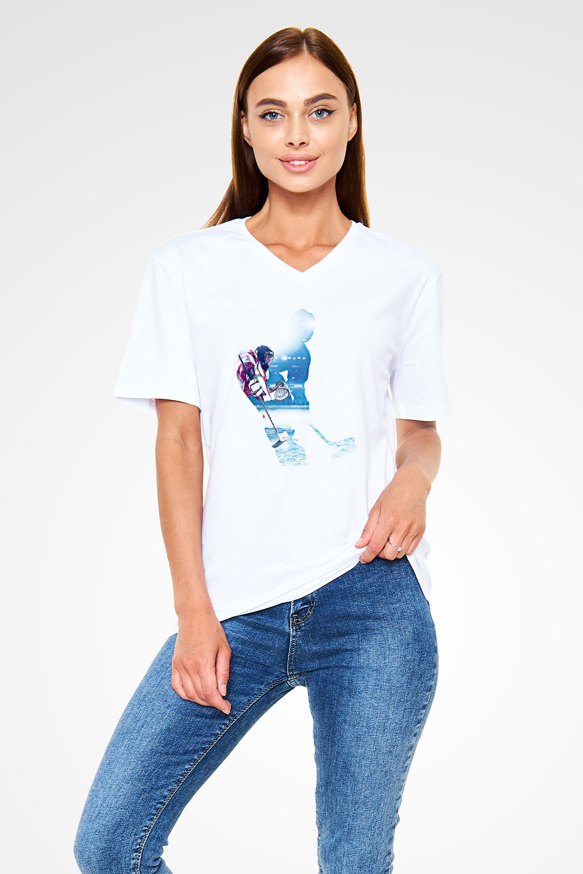Hokey Baskılı Unisex V Yaka Tişört - Tshirt