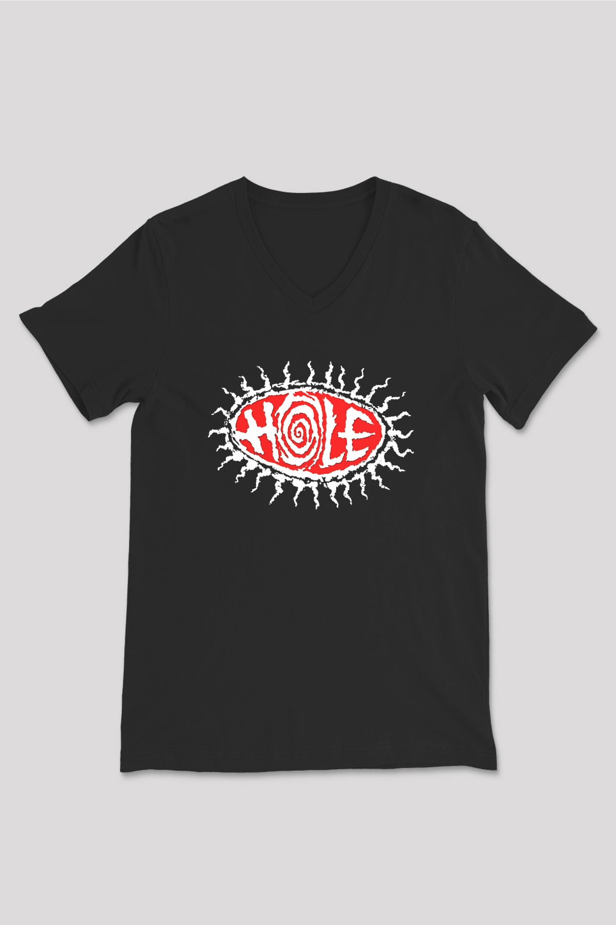 Hole Baskılı Unisex Siyah V Yaka Tişört - Tshirt