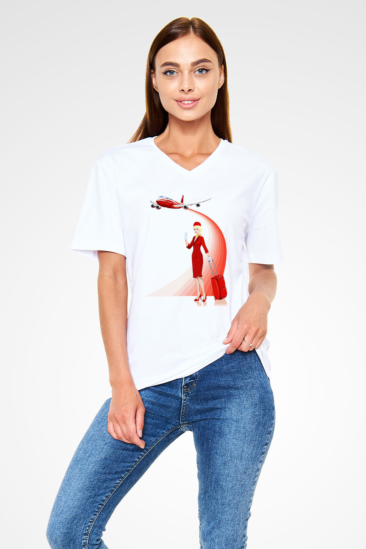 Hostes Beyaz Unisex V Yaka Tişört T-Shirt
