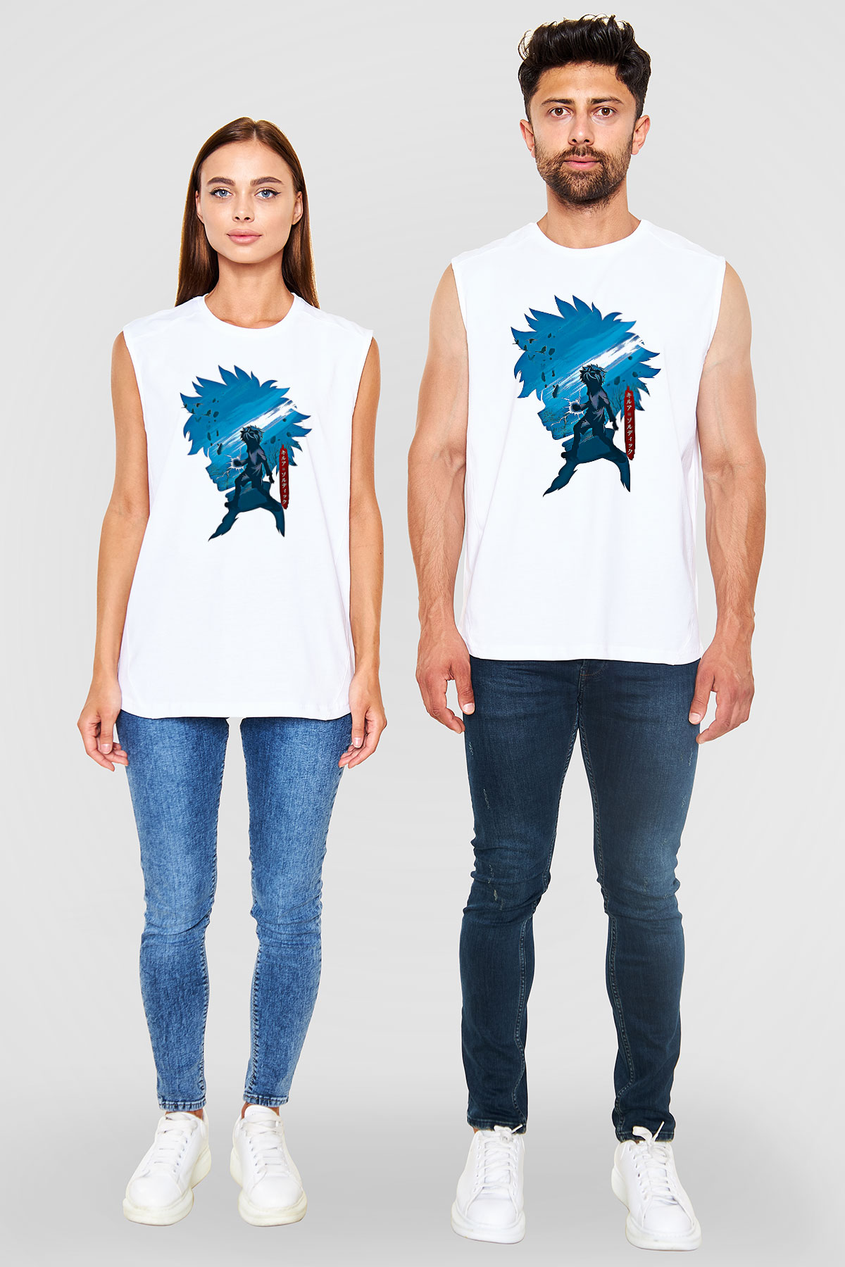Hunter X Hunter Baskılı Beyaz Unisex Kolsuz Tişört - Tshirt