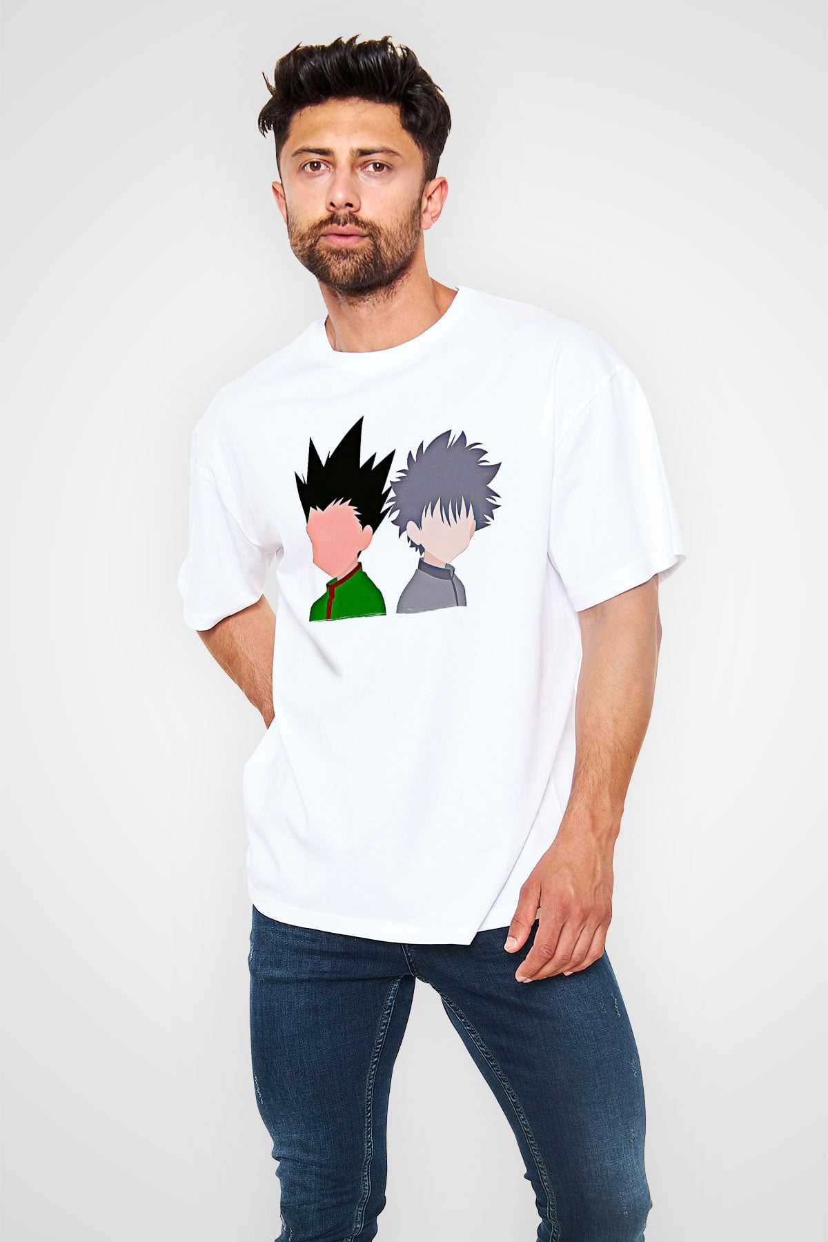 Hunter X Hunter Baskılı Beyaz Unisex Oversize Tişört - Tshirt