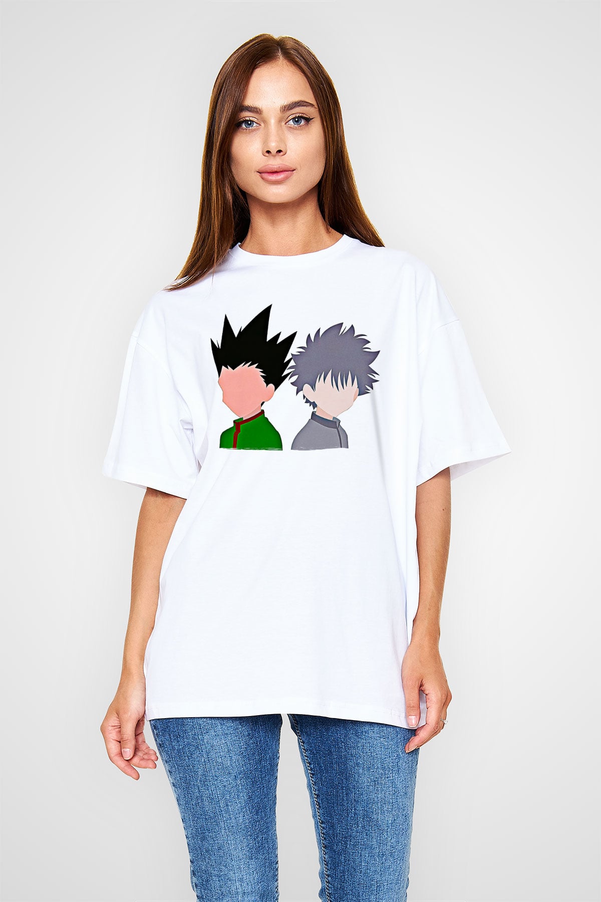 Hunter X Hunter Baskılı Beyaz Unisex Oversize Tişört - Tshirt