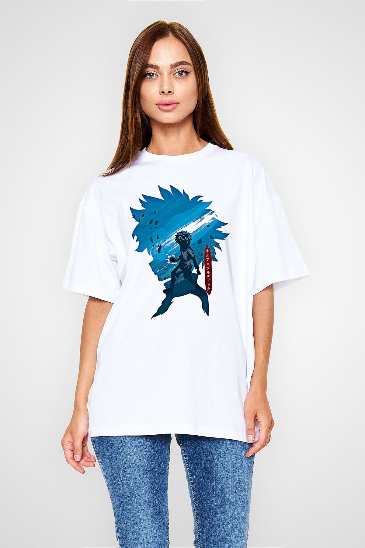 Hunter X Hunter Baskılı Beyaz Unisex Oversize Tişört - Tshirt