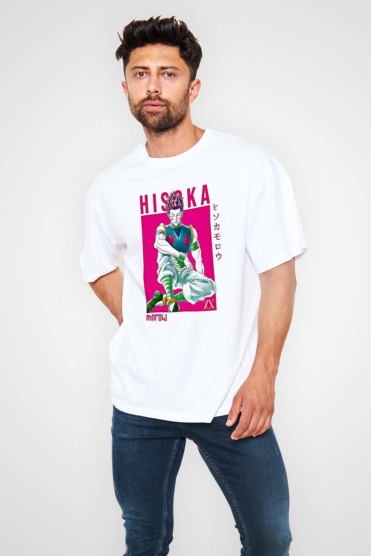 Hunter X Hunter Baskılı Beyaz Unisex Oversize Tişört - Tshirt