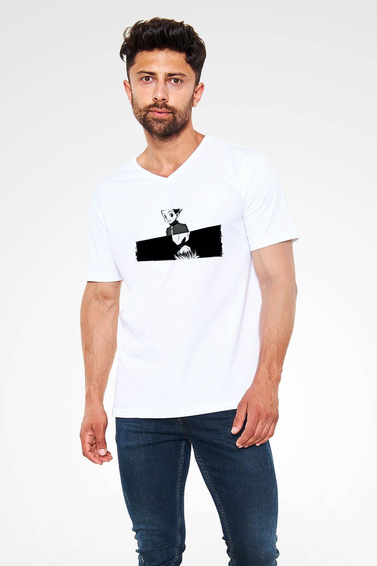 Hunter X Hunter Baskılı Beyaz Unisex V Yaka Tişört - Tshirt