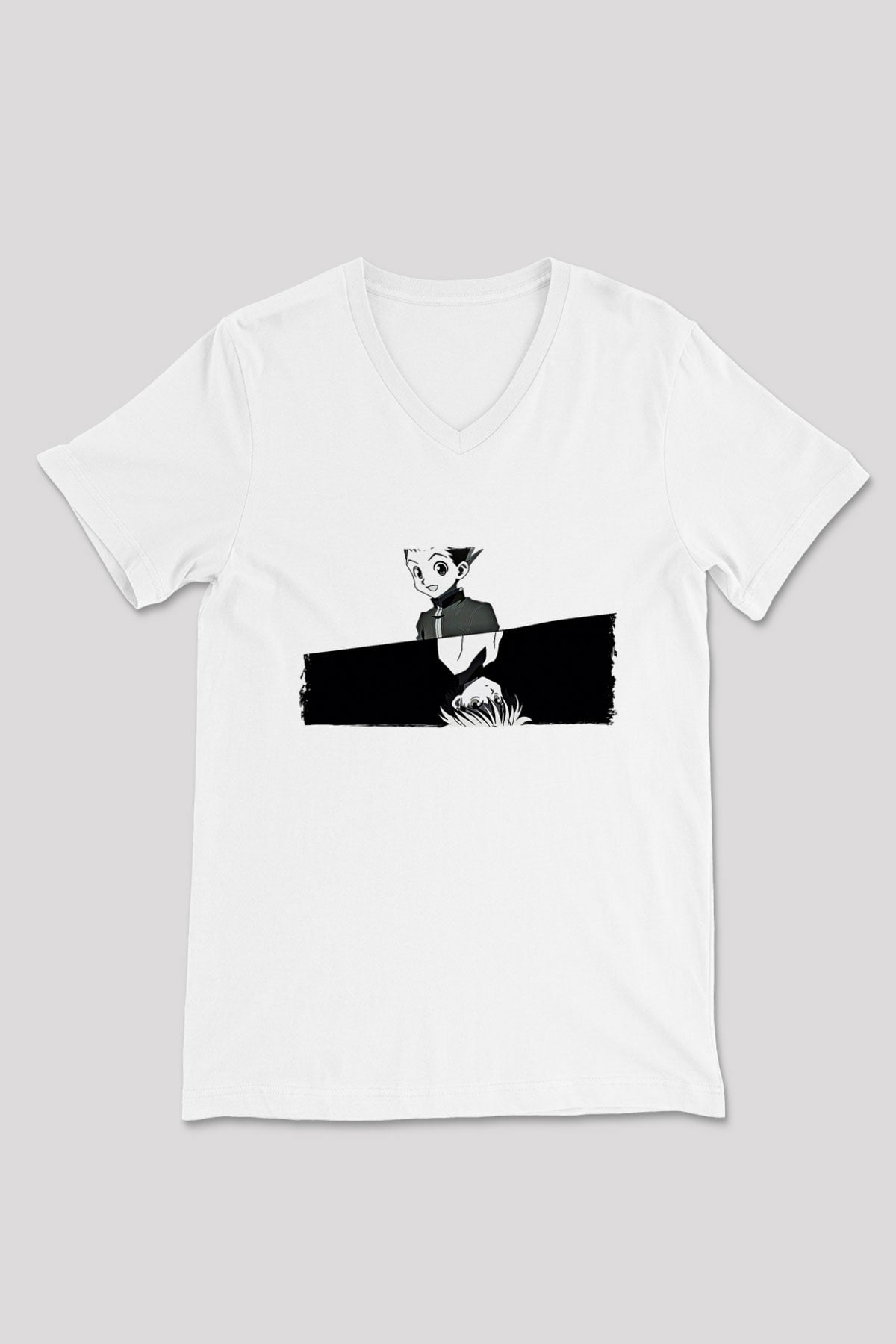 Hunter X Hunter Baskılı Beyaz Unisex V Yaka Tişört - Tshirt