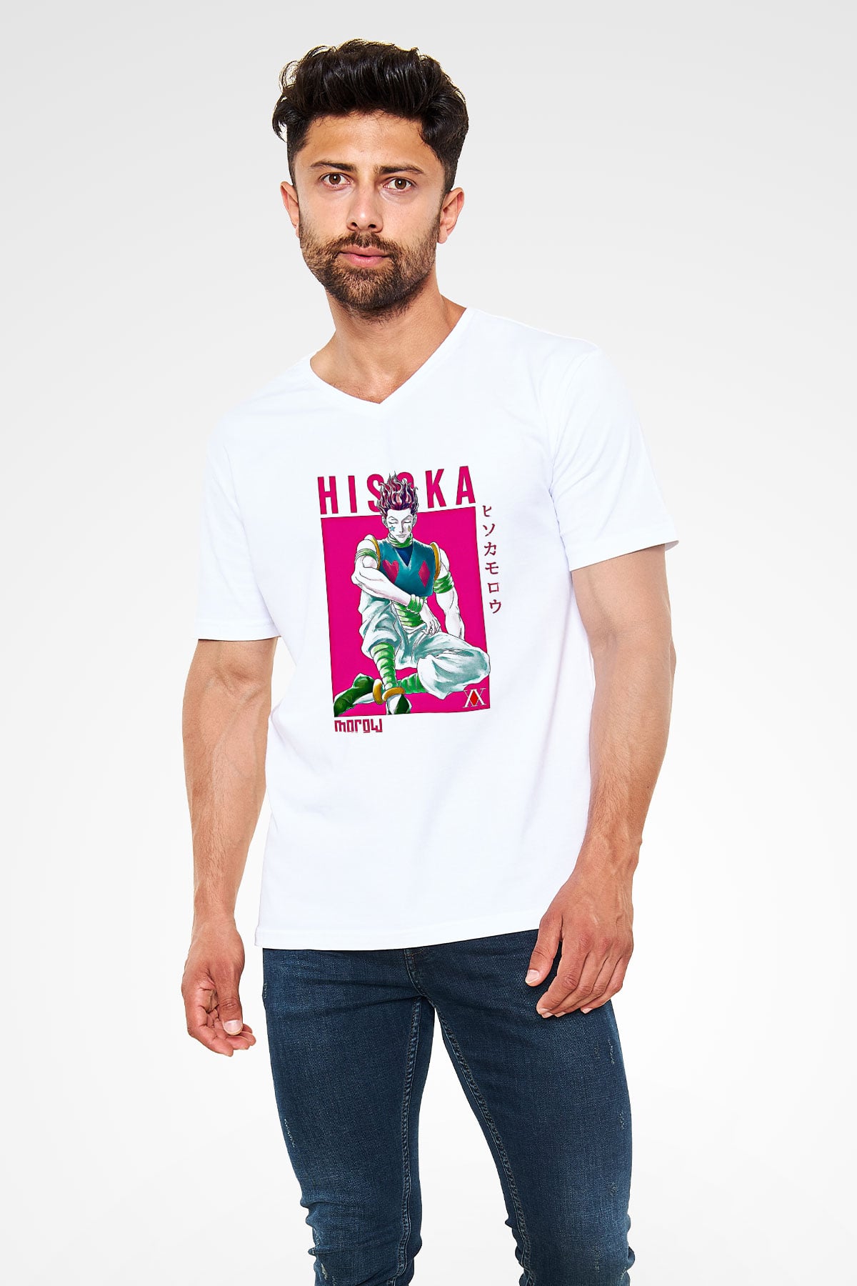 Hunter X Hunter Baskılı Beyaz Unisex V Yaka Tişört - Tshirt