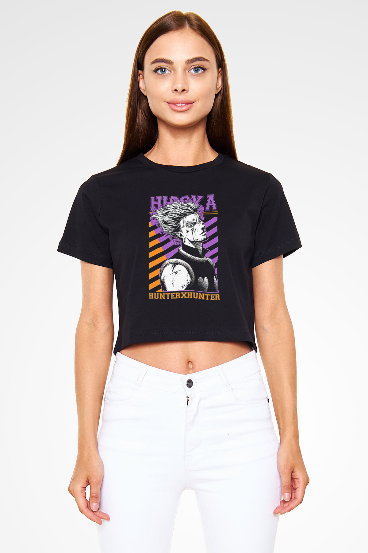 Hunter X Hunter Baskılı Siyah Crop Top Kadın Tişört - Tshirt