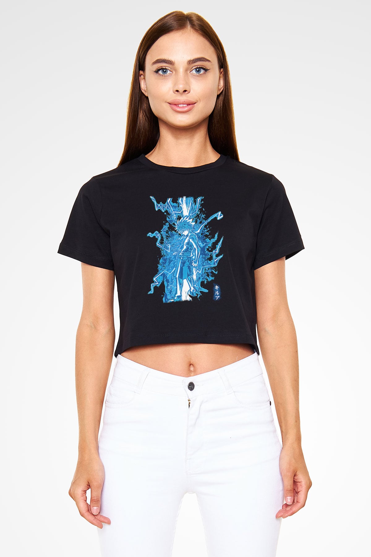 Hunter X Hunter Baskılı Siyah Crop Top Kadın Tişört - Tshirt