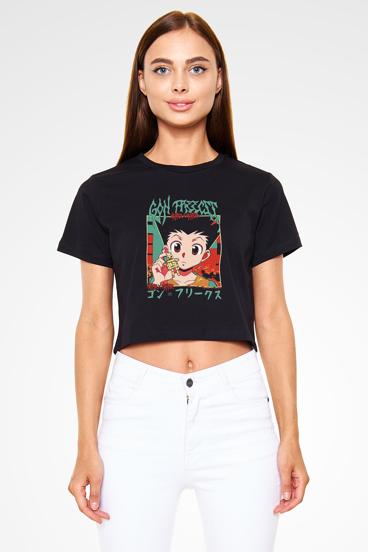 Hunter X Hunter Baskılı Siyah Crop Top Kadın Tişört - Tshirt