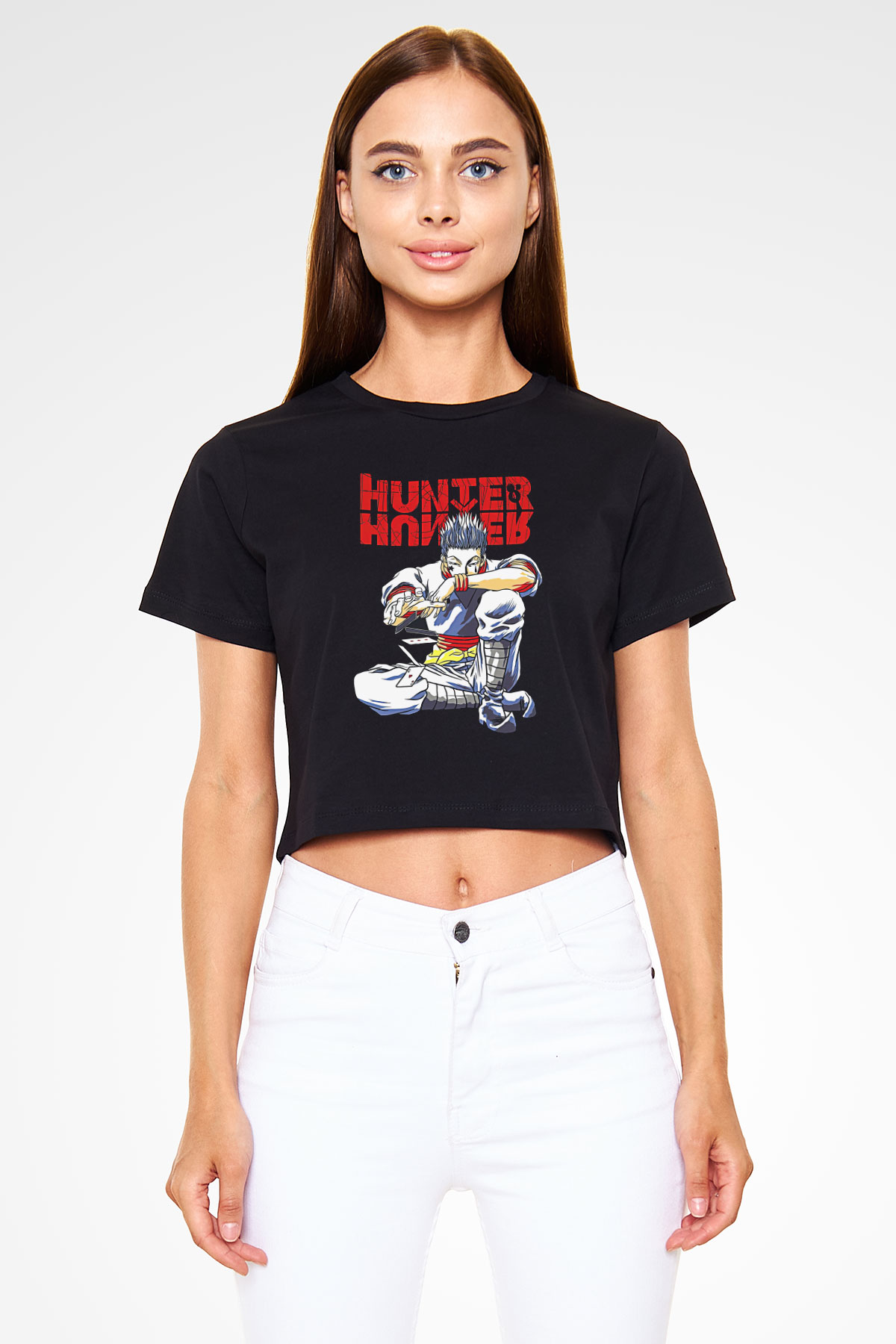Hunter X Hunter Baskılı Siyah Crop Top Kadın Tişört - Tshirt