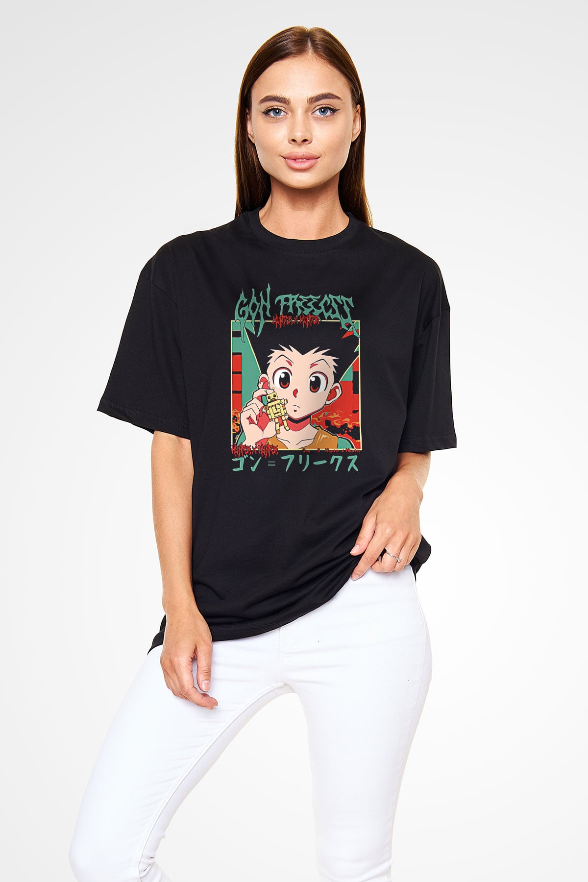 Hunter X Hunter Baskılı Unisex Siyah Oversize Tişört - Tshirt