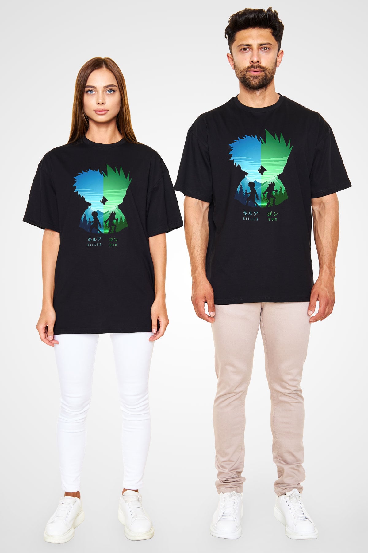 Hunter X Hunter Baskılı Unisex Siyah Oversize Tişört - Tshirt