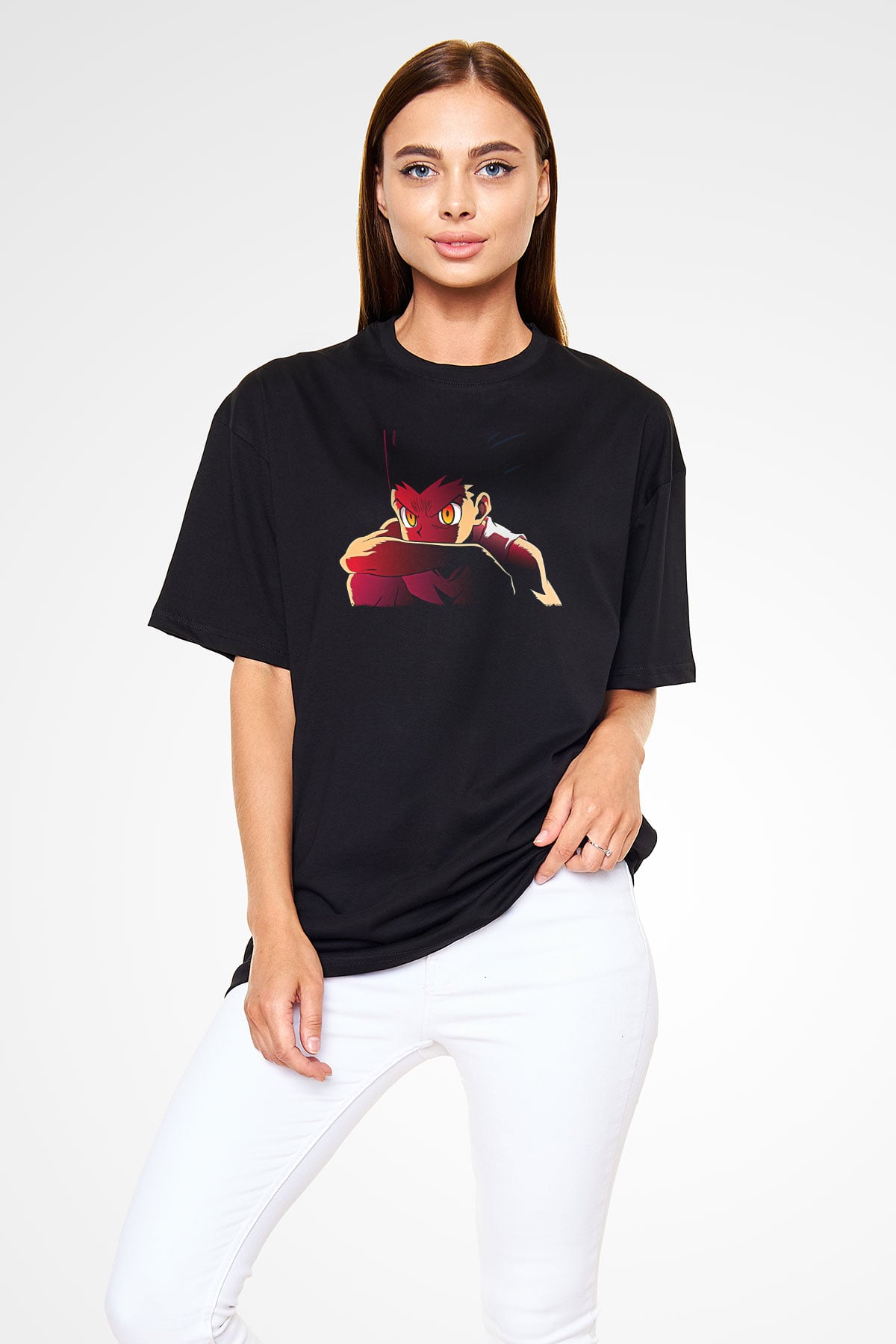 Hunter X Hunter Baskılı Unisex Siyah Oversize Tişört - Tshirt