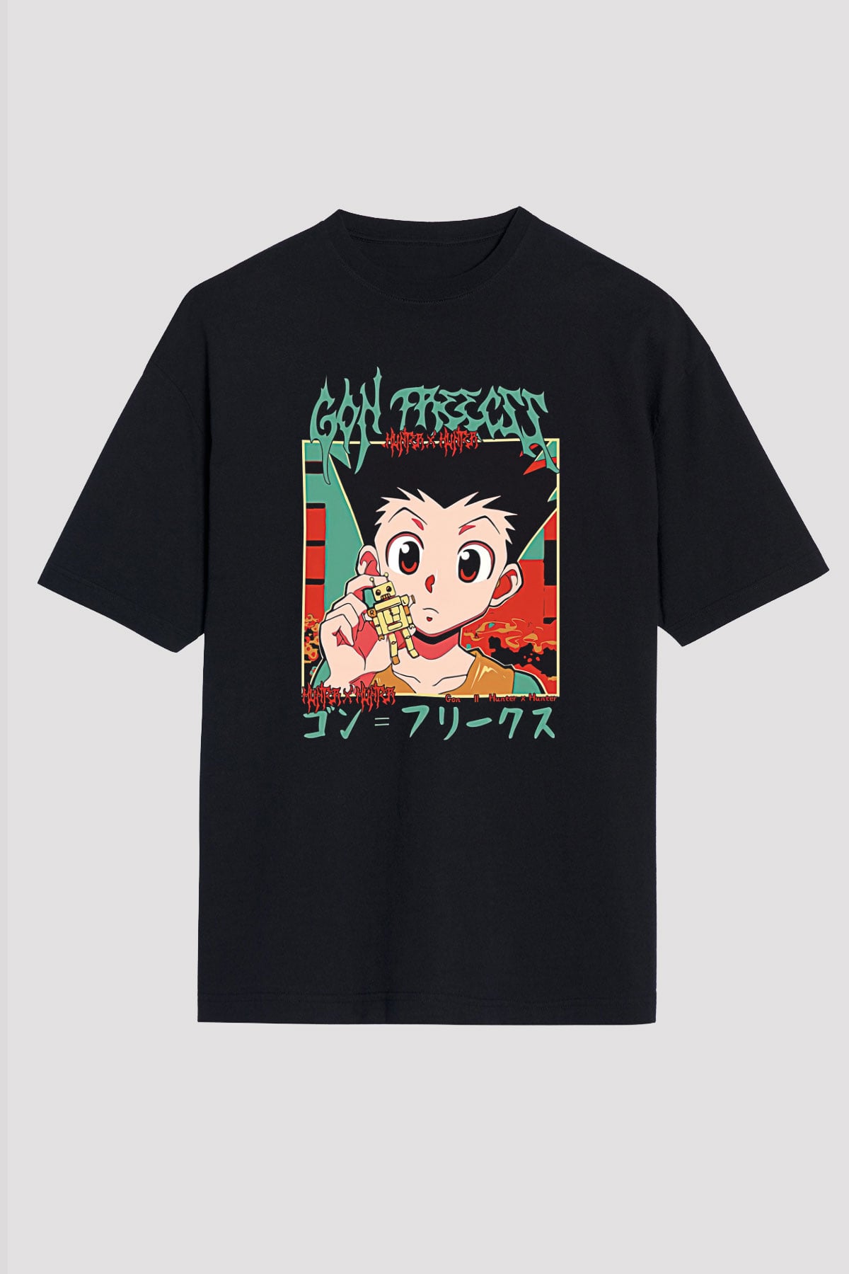 Hunter X Hunter Baskılı Unisex Siyah Oversize Tişört - Tshirt