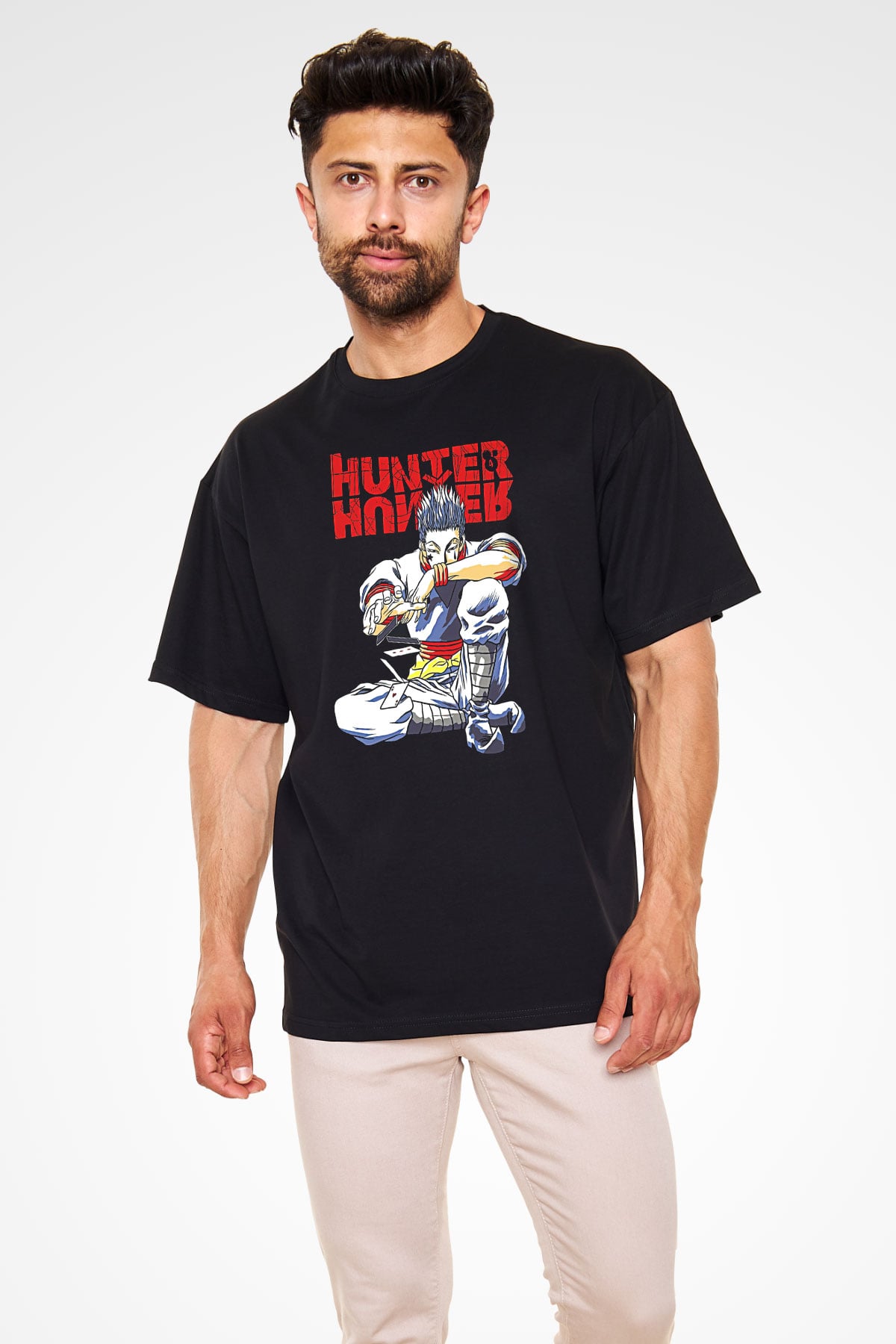 Hunter X Hunter Baskılı Unisex Siyah Oversize Tişört - Tshirt