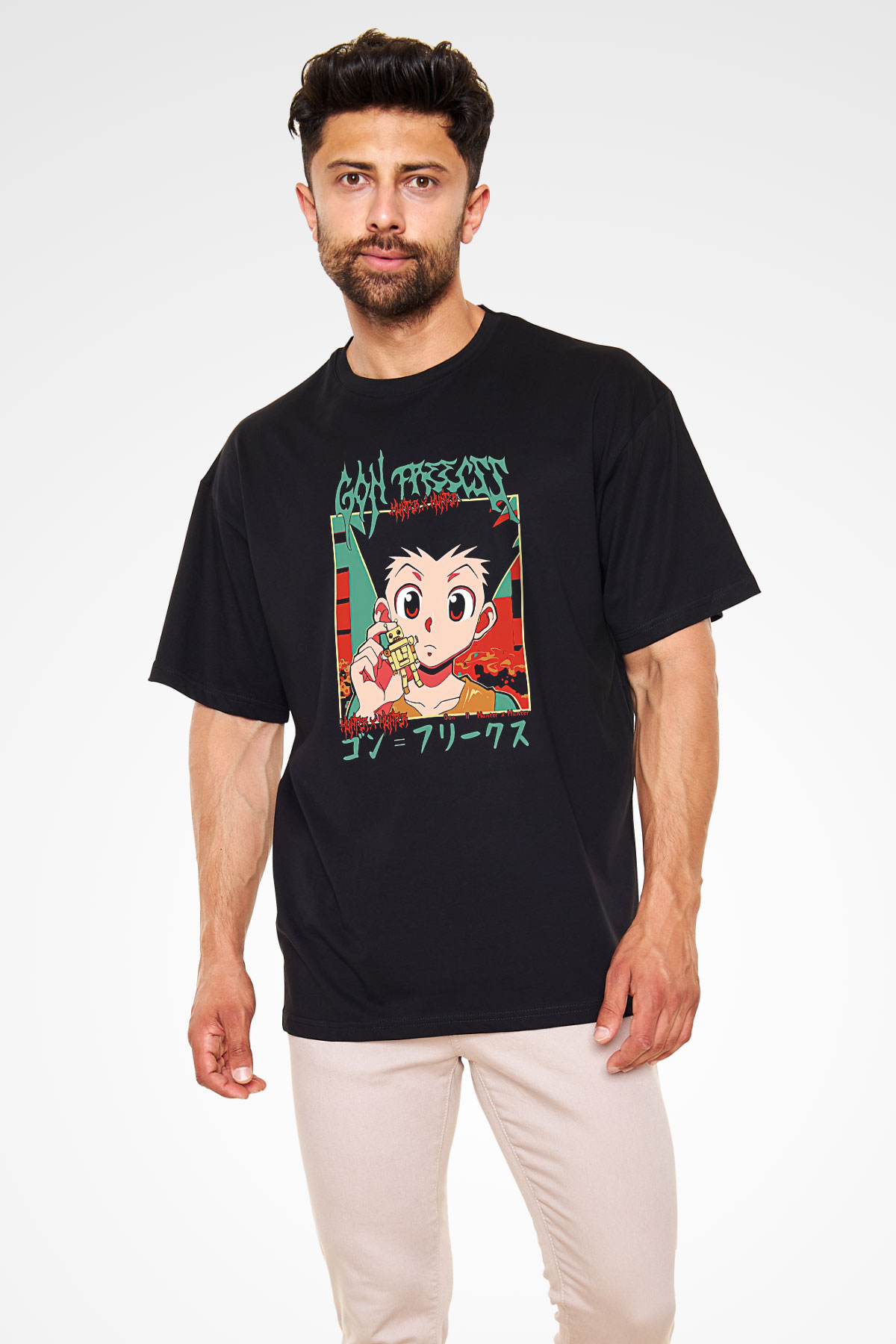 Hunter X Hunter Baskılı Unisex Siyah Oversize Tişört - Tshirt