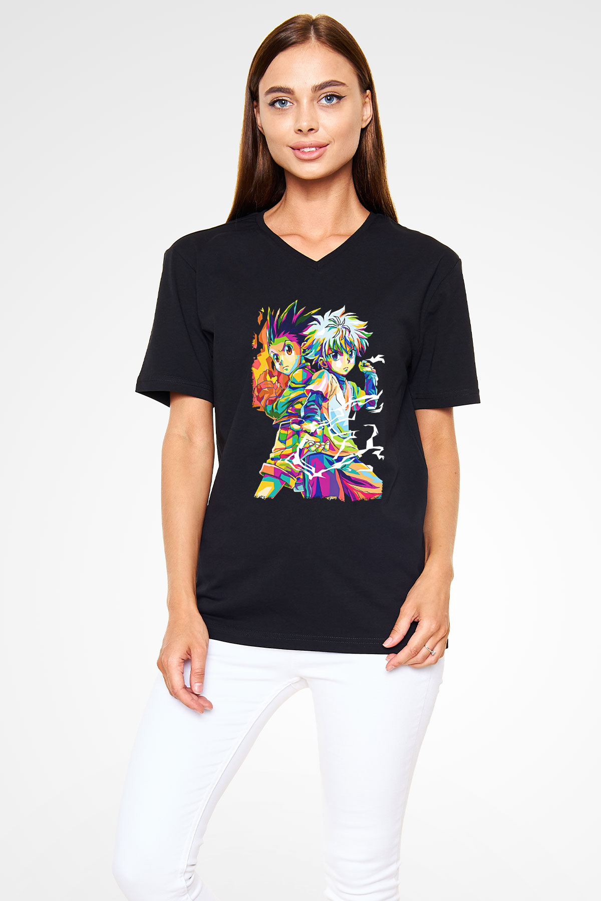 Hunter X Hunter Baskılı Unisex Siyah V Yaka Tişört - Tshirt