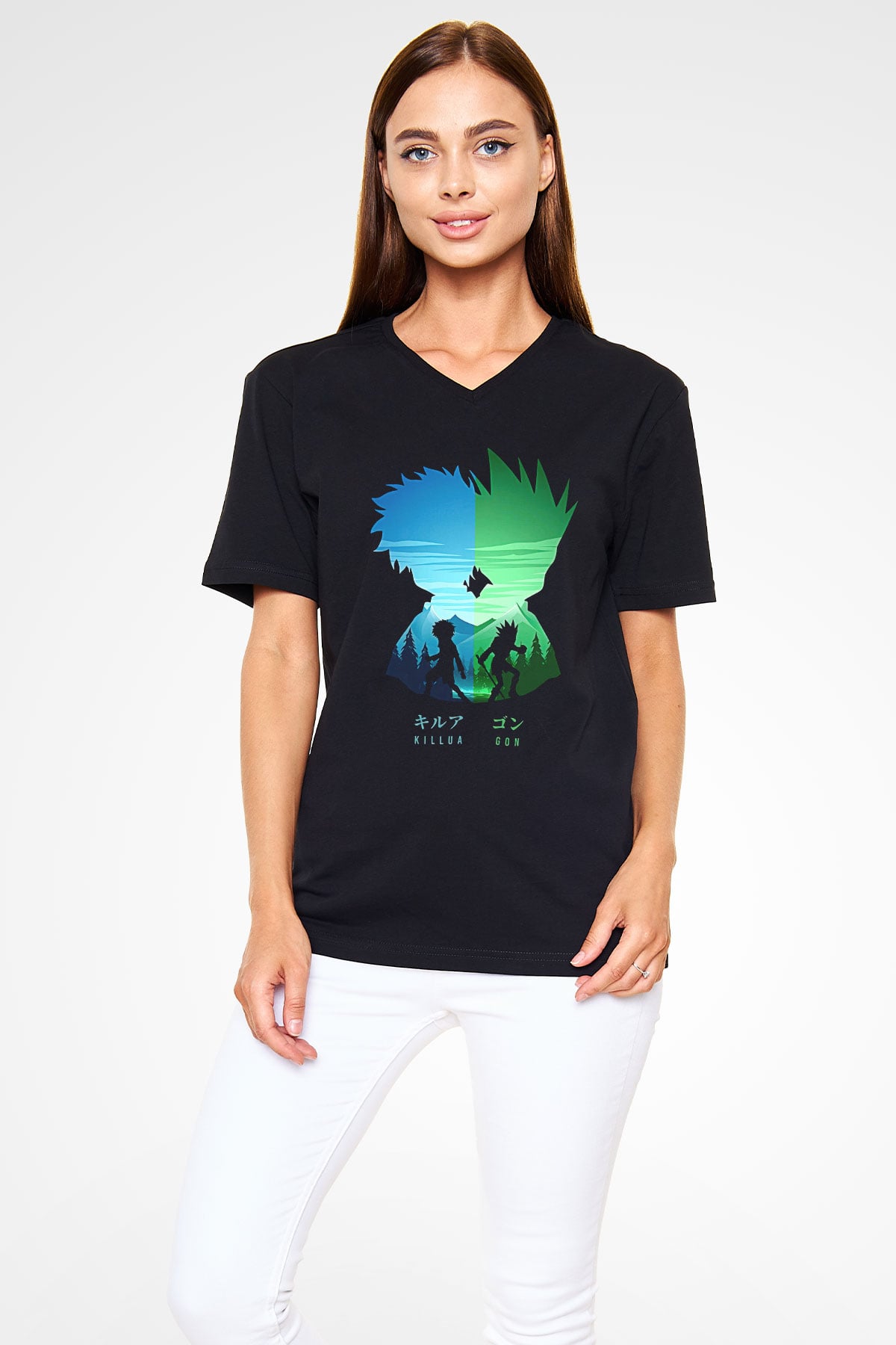 Hunter X Hunter Baskılı Unisex Siyah V Yaka Tişört - Tshirt