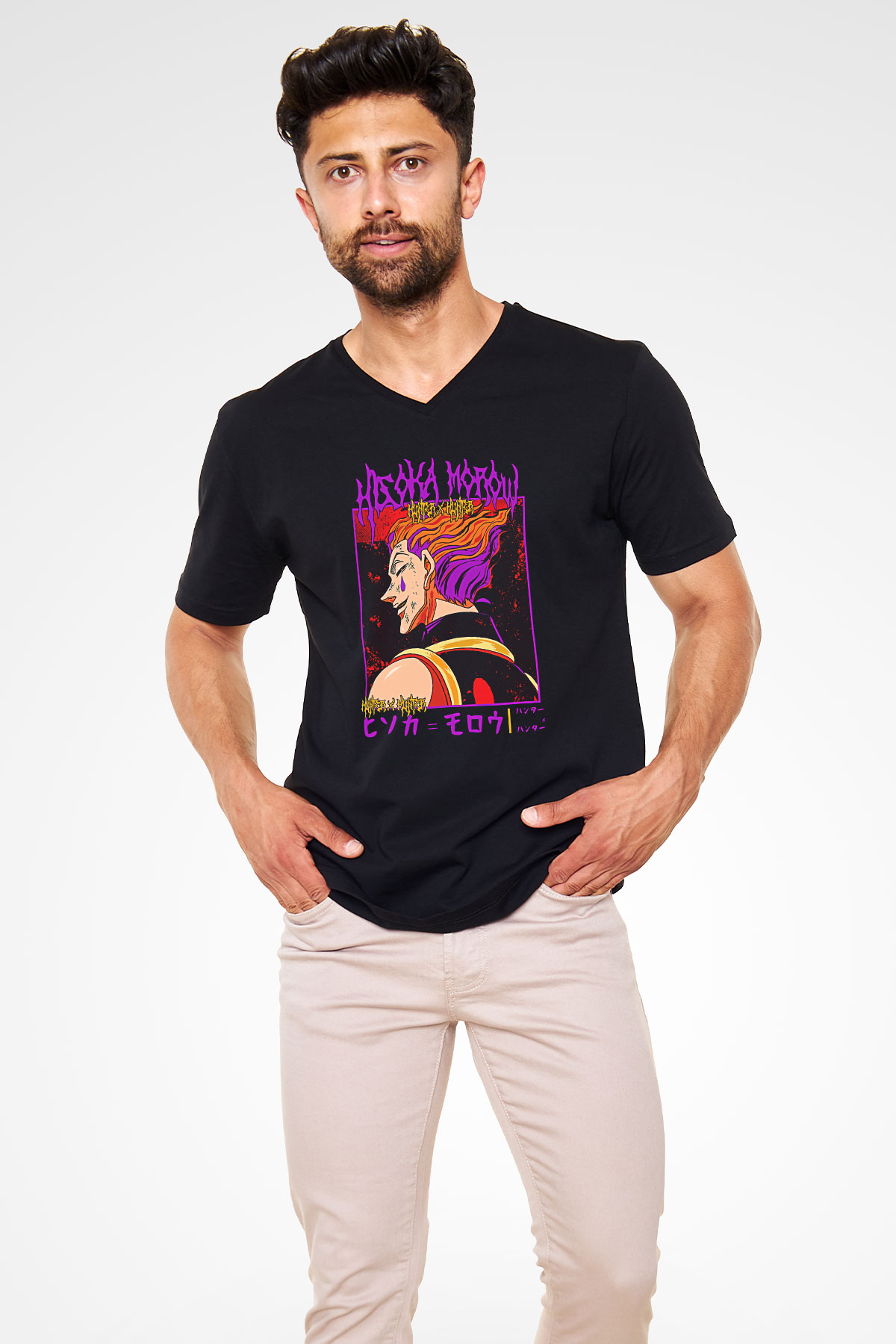 Hunter X Hunter Baskılı Unisex Siyah V Yaka Tişört - Tshirt