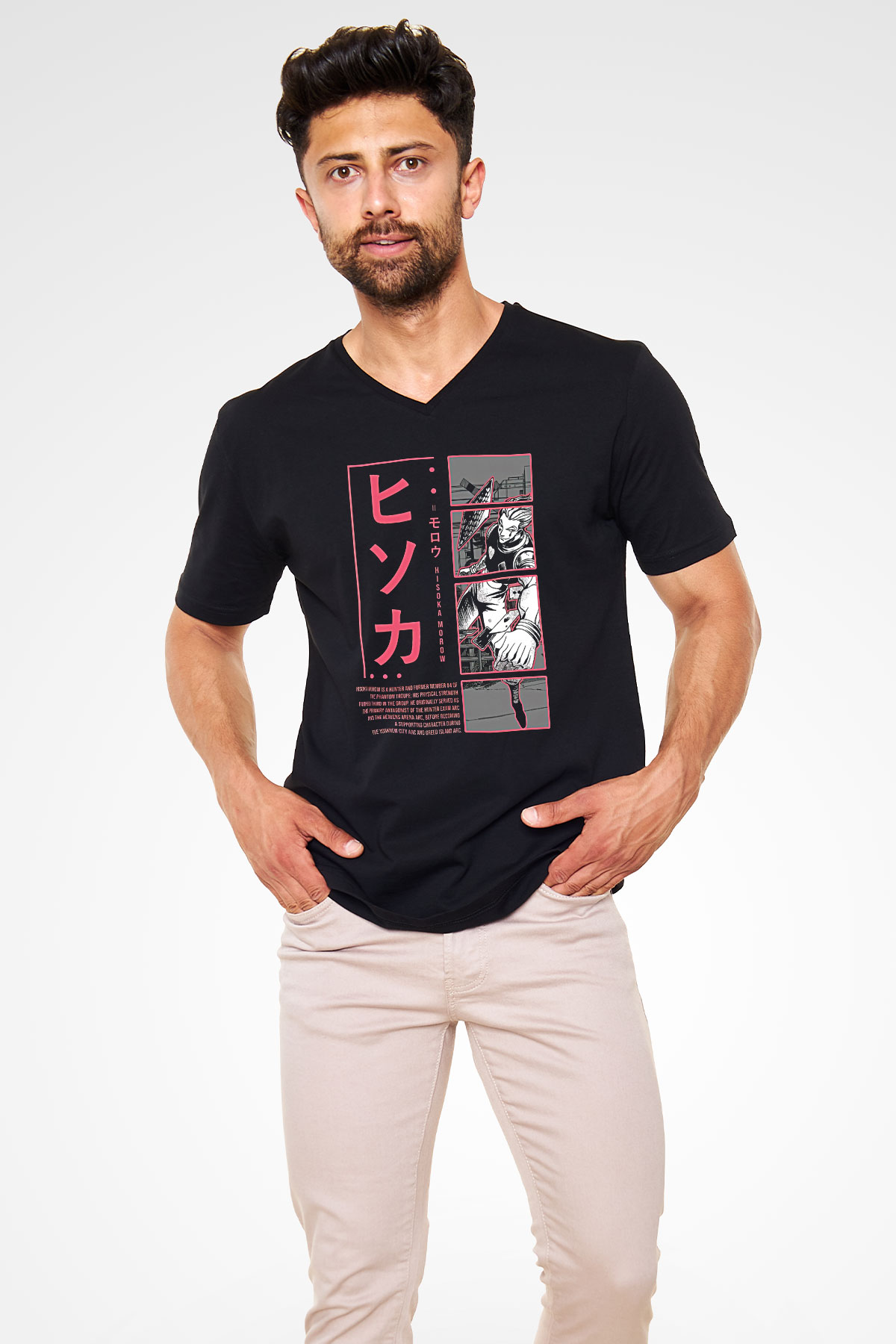 Hunter X Hunter Baskılı Unisex Siyah V Yaka Tişört - Tshirt